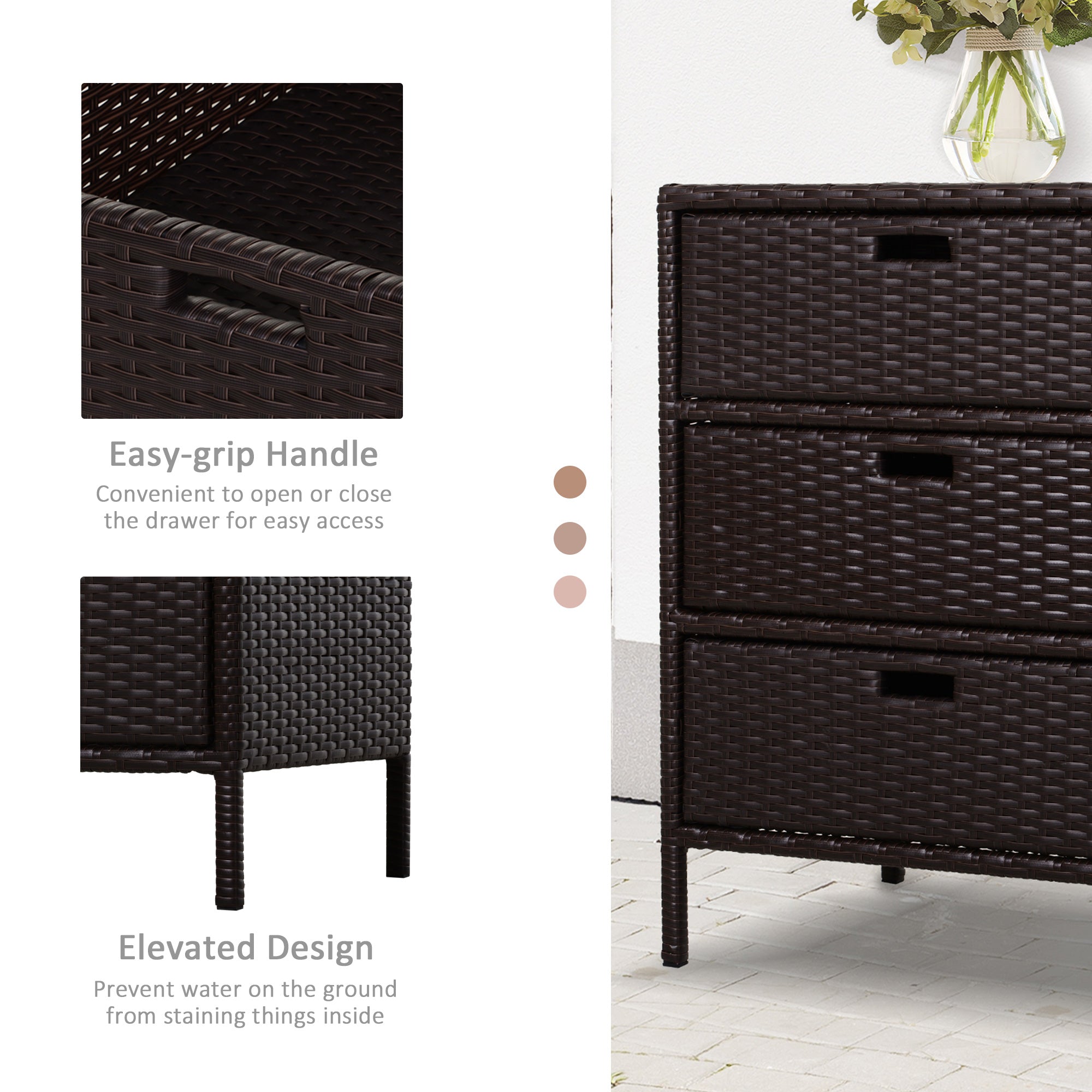 Patio PE Rattan Storage Cabinet, Wicker Pool Cabinet Organizer, Outdoor Towel Rack for Pool with 3 Drawers, Brown - Brown - Image 5