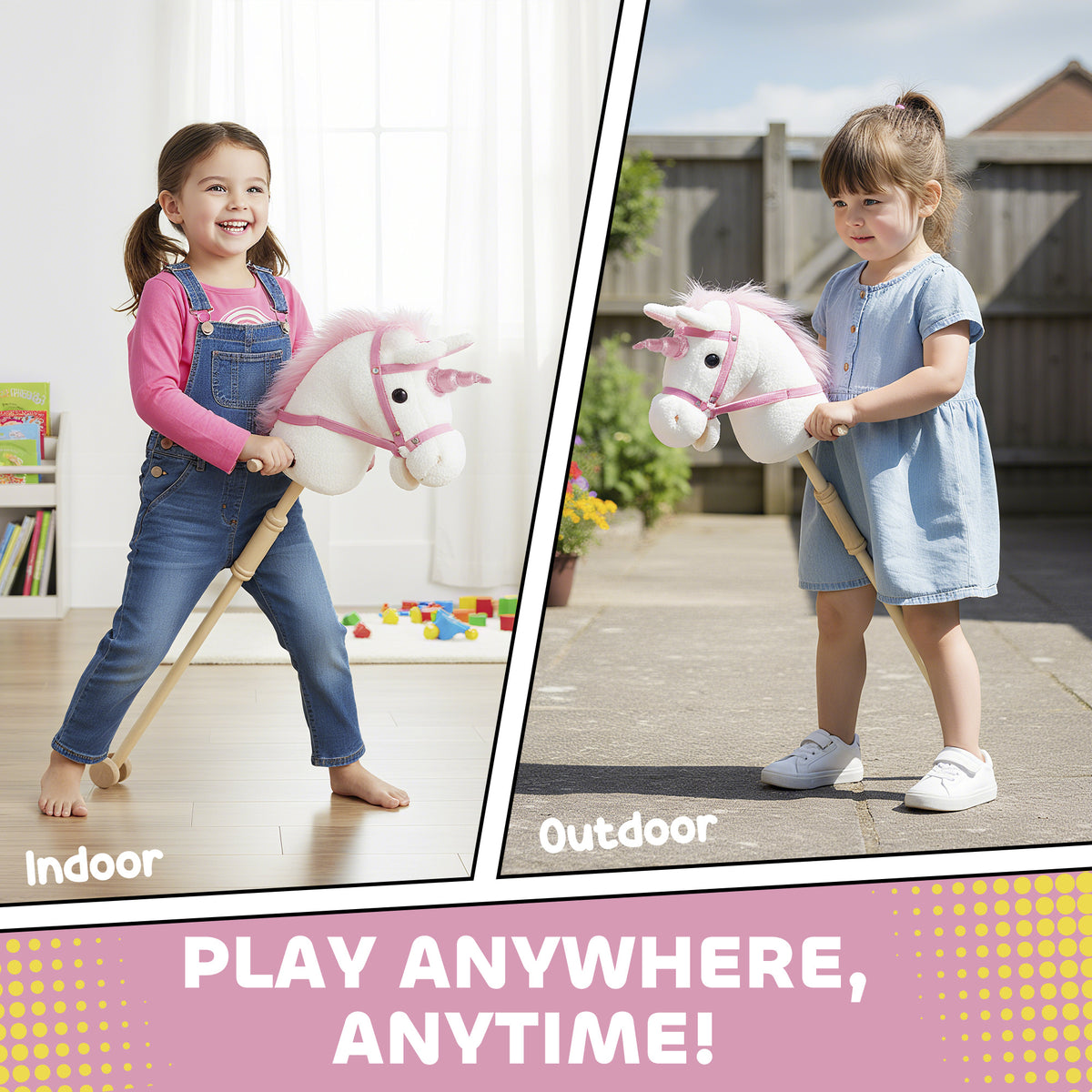 Stick Horse, Plush Handcrafted Hobby Horse with Wood Wheels, Real Pony Neighing and Galloping Sounds for Kids, White