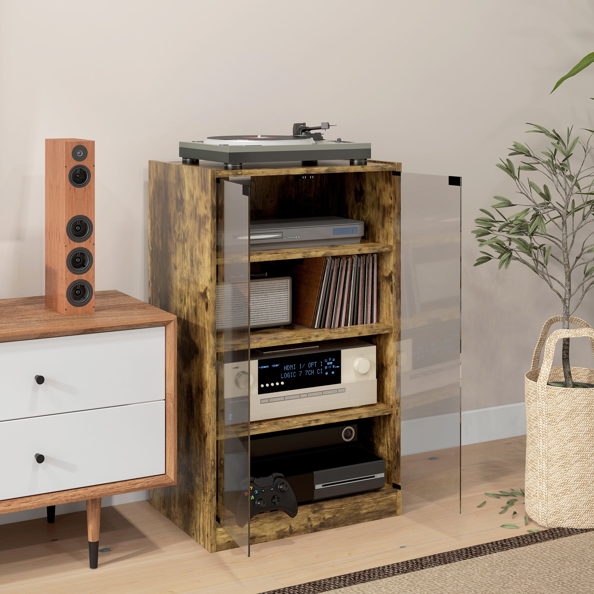 5-Tier Media Cabinet, Media Stand with Adjustable Shelves, Tempered Glass Doors, and Cable Management, Rustic Brown