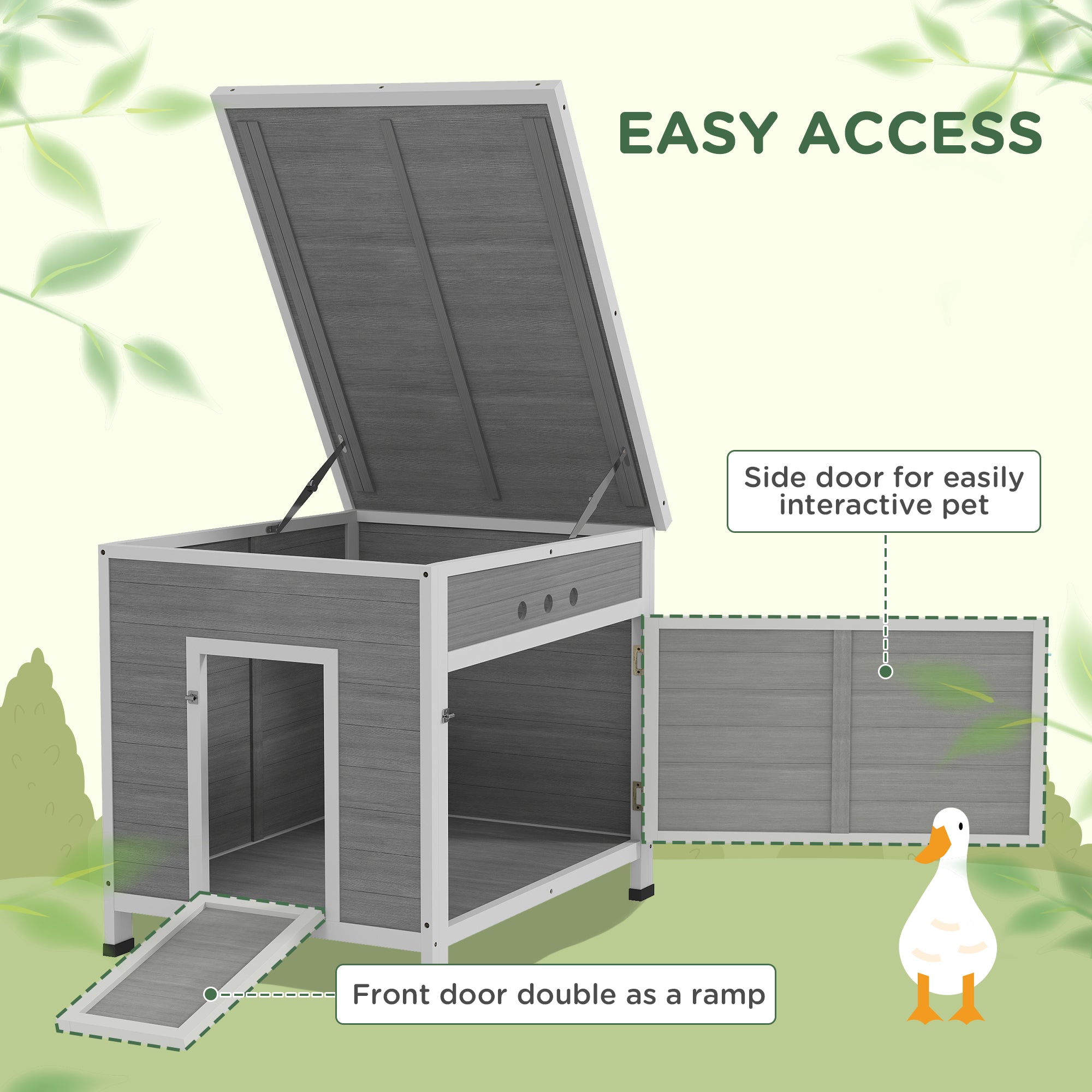 Wooden Duck Coop with Openable Roof, Removable Floor, Double Doors, Ramp, for 2-4 Ducks, Chickens, 25" x 32" x 30" - Light Gray - Image 6