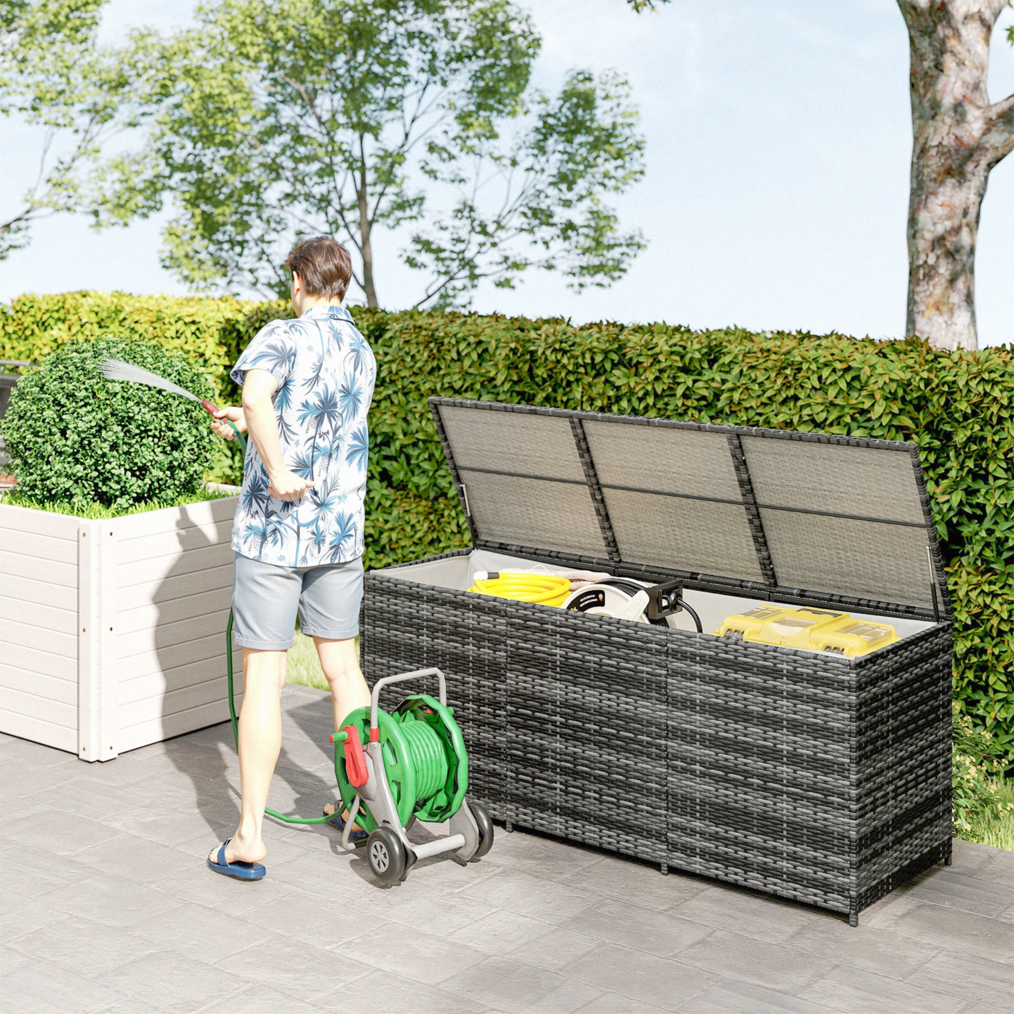 175 Gallon Outdoor Storage Box with Inner Liner, PE Rattan Wicker Deck Box with Pneumatic Bar Lift, Mixed Gray - Gray - Image 2