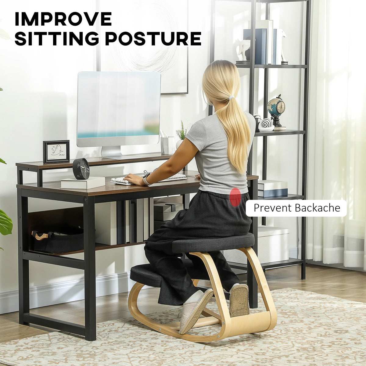 Ergonomic Kneeling Chair with Wood Frame, Posture Support Desk Chair for Home Office, 264 lb Capacity, Black