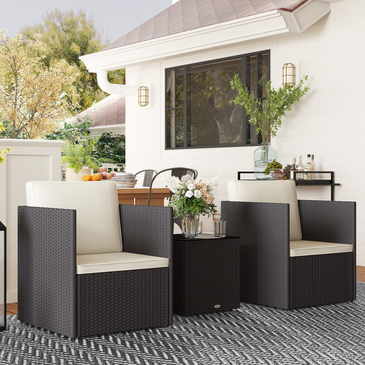Folding Wicker Bistro Set, 3 Piece Patio Furniture Set with Cushions and Glass Coffee Table for Porch, Balcony, Brown