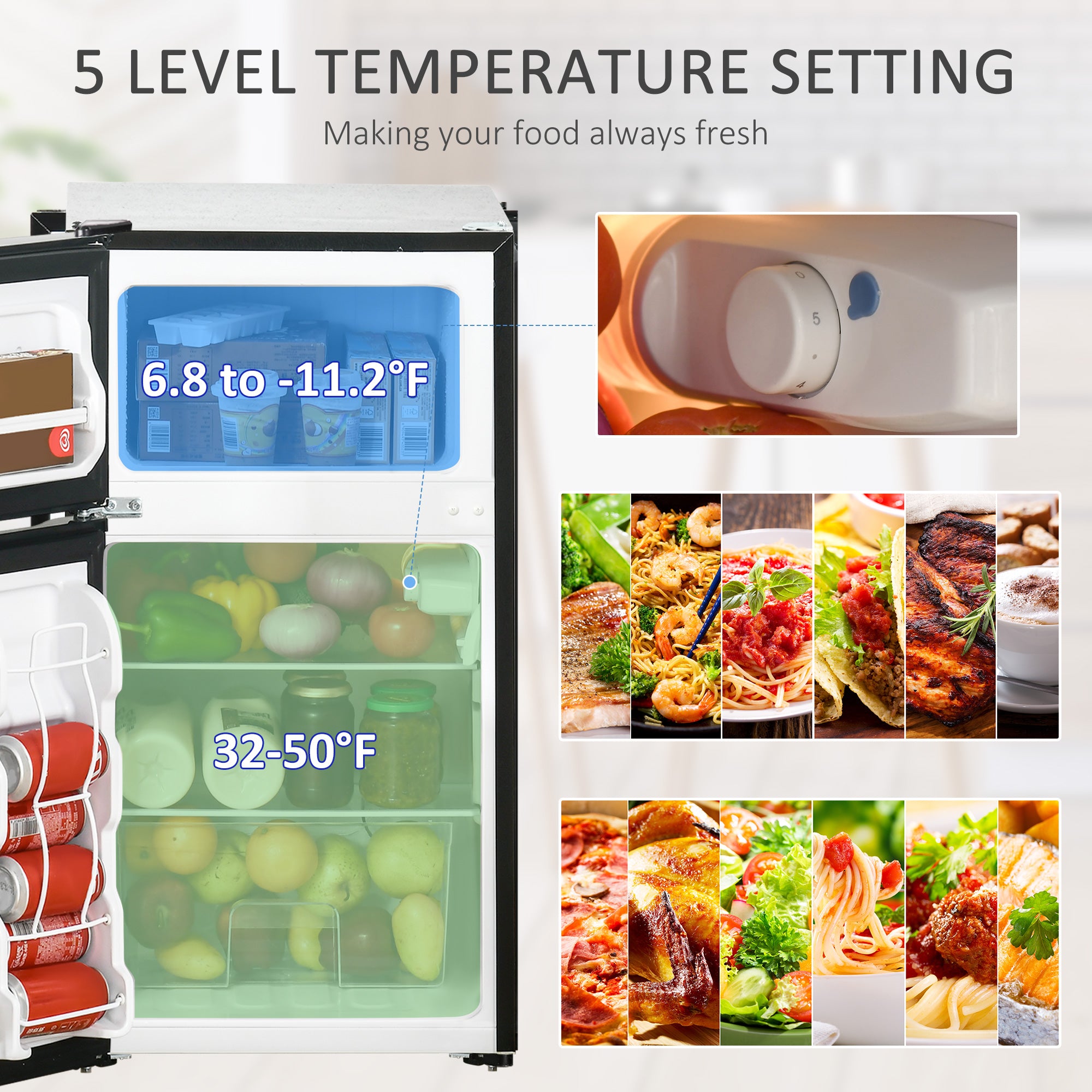 3.2 Cu.Ft Mini Fridge with Freezer, Compact Refrigerator with Adjustable Thermostat, Shelf and Double Reversible Door for Bedroom, Dorm, Home Office, Energy Efficient, Black