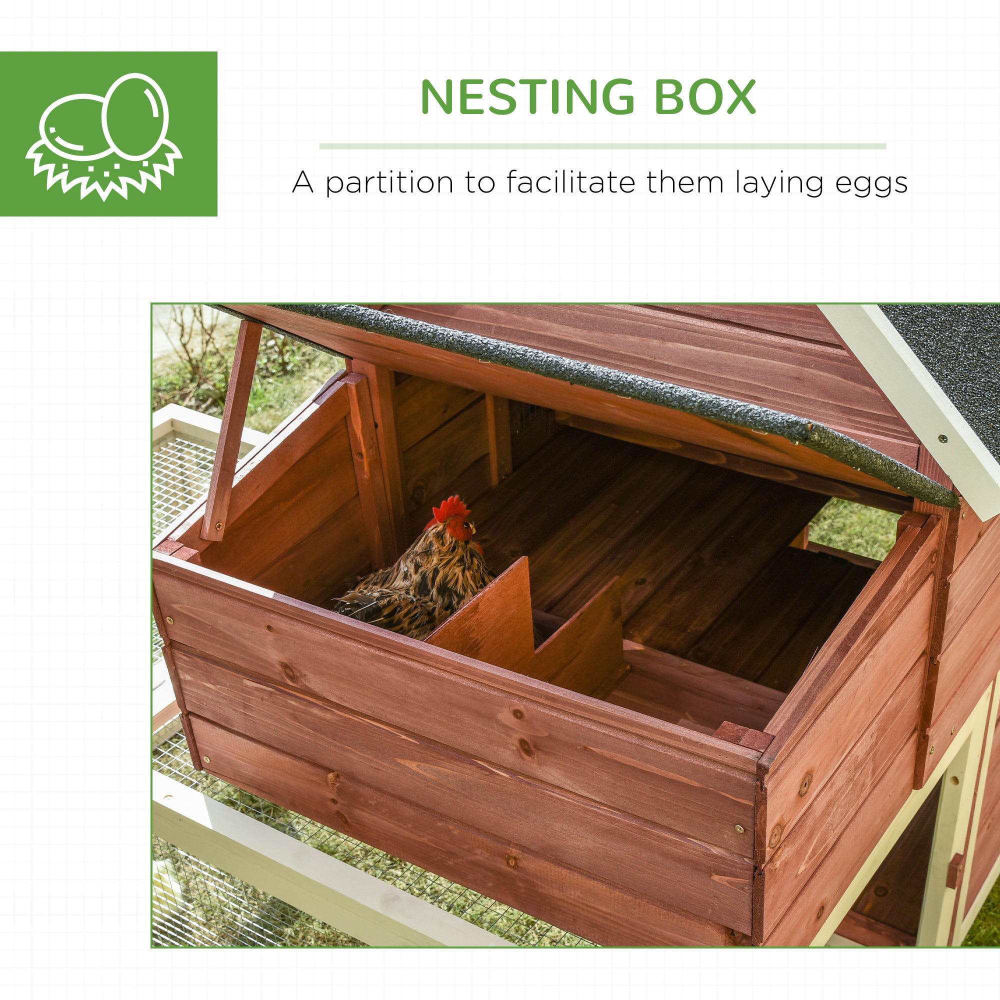 Wooden Chicken Coop, Outdoor Chicken Cage Poultry Hen House with Nesting Box, Double Runs, Asphalt Roof, Ramp - Reddish Brown and White - Image 7