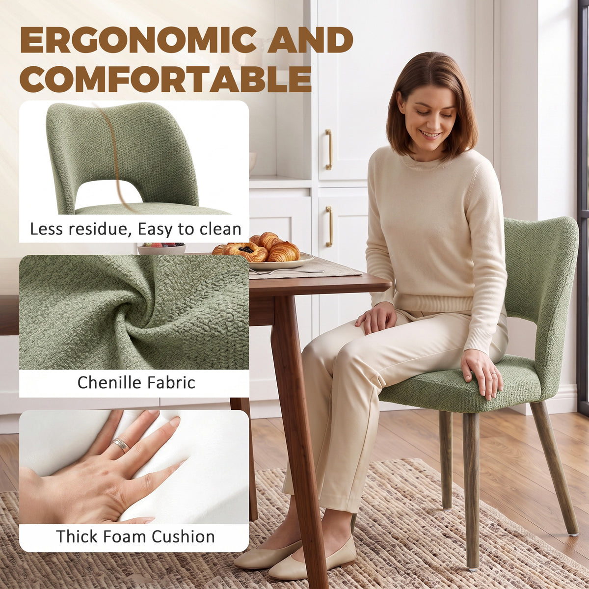 Dining Chairs Set Upholstered Kitchen Chenille Tool Free Assembly Rubberwood Legs, Green
