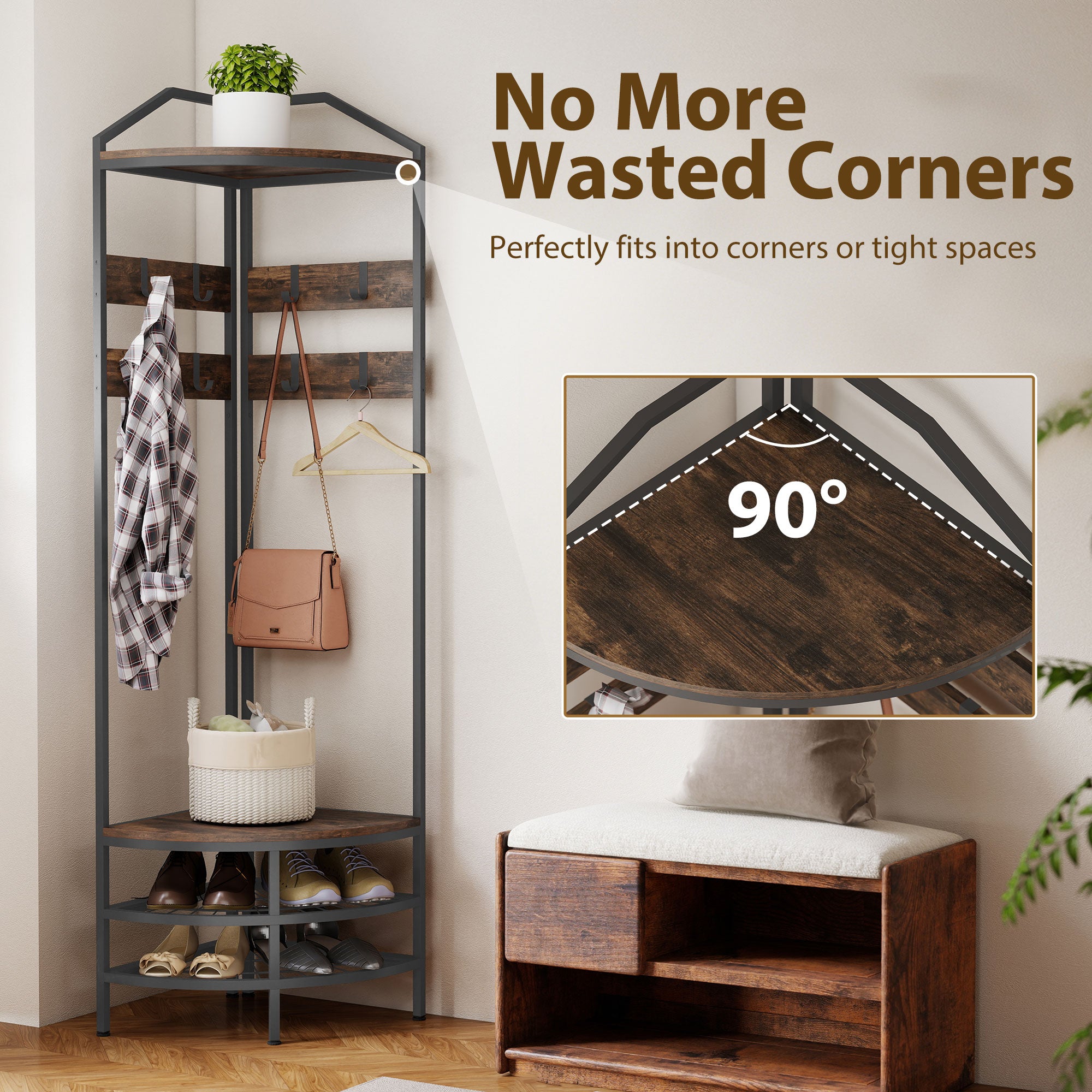 Corner Hall Tree, Industrial 4-Tier Coat Rack with Shoe Storage, 8 Movable Hooks and 2 Shelves for Hallway, Rustic Brown