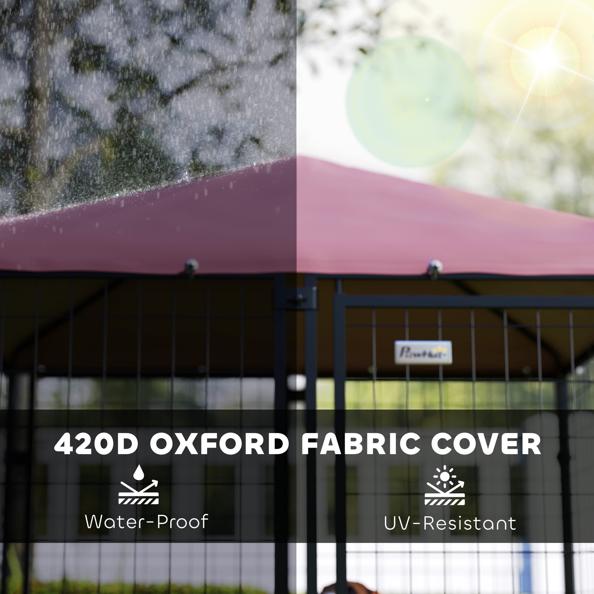 Welded Wire Outdoor Dog Kennel with 360° Rotating & 4 Levels Adjustable Bowls, Waterproof Cover, 4.6' x 4.6' x 5' - Red - Image 5