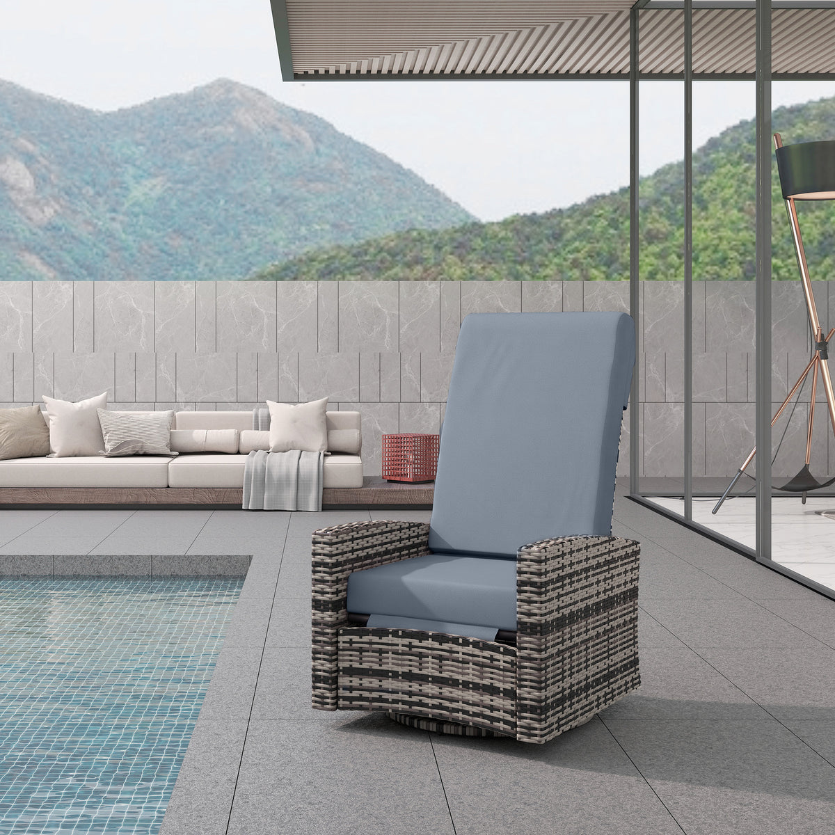 Outdoor Wicker Swivel Recliner Chair, Lifting Footrest, 360° Rotating Basic, Water-resistant Cushions, Gray