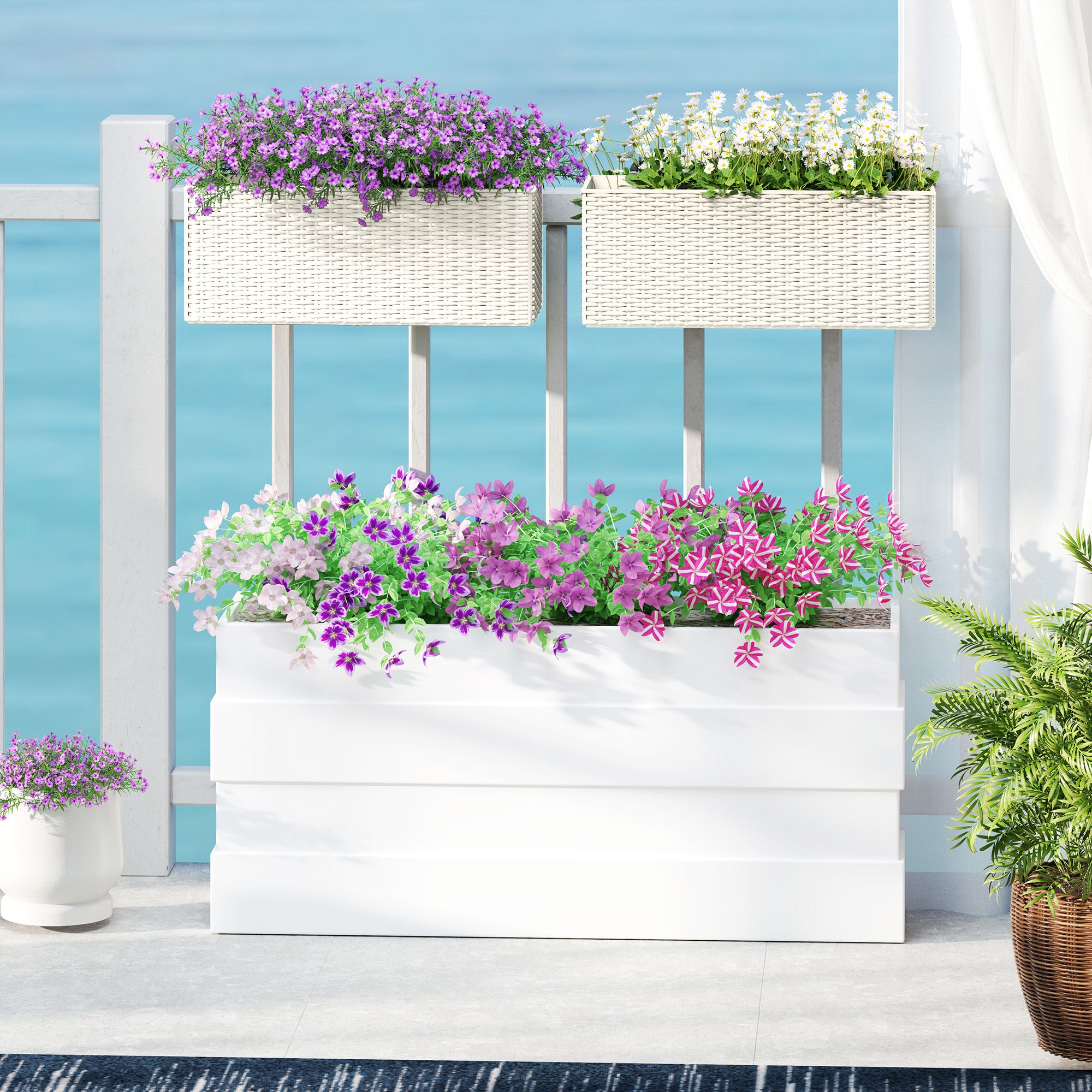 2 Pack 20 Inch Railing Flower Pots, Hanging Flower Pots with Hooks, Drainage Holes for Fence, Rattan Look, White - White - Image 2