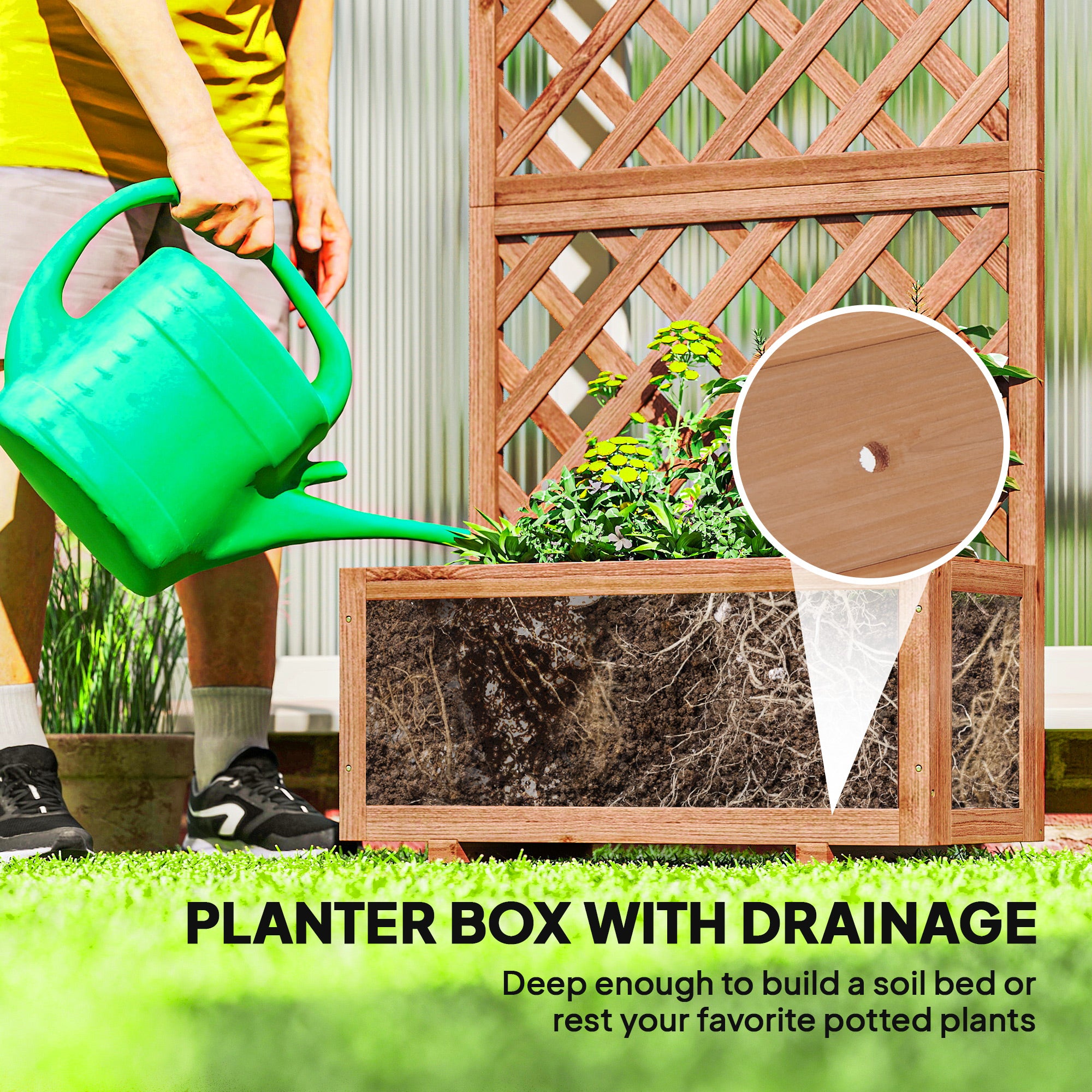 Wooden Raised Garden Bed with Trellis, 59" Outdoor Planter Box with Drainage Holes, Planter Raised Bed for Climbing Vine Plants Flowers, Orange - Orange - Image 5