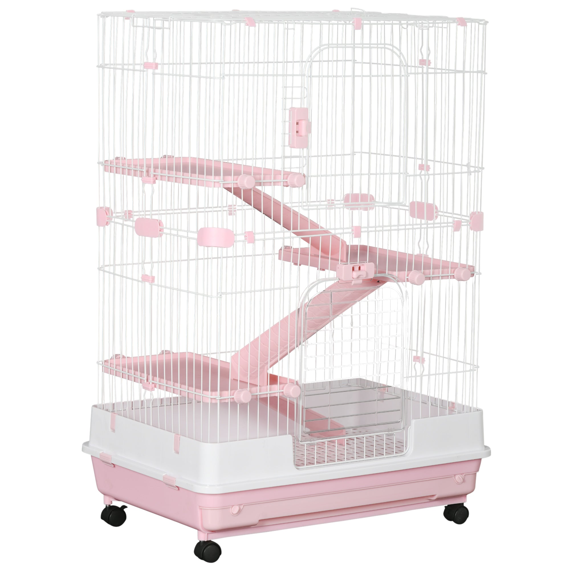 32"L 4-Level Small Animal Cage Rabbit Hutch with Wheels, Slide-out Tray for Bunny, Chinchillas, Ferret, Pink - Pink