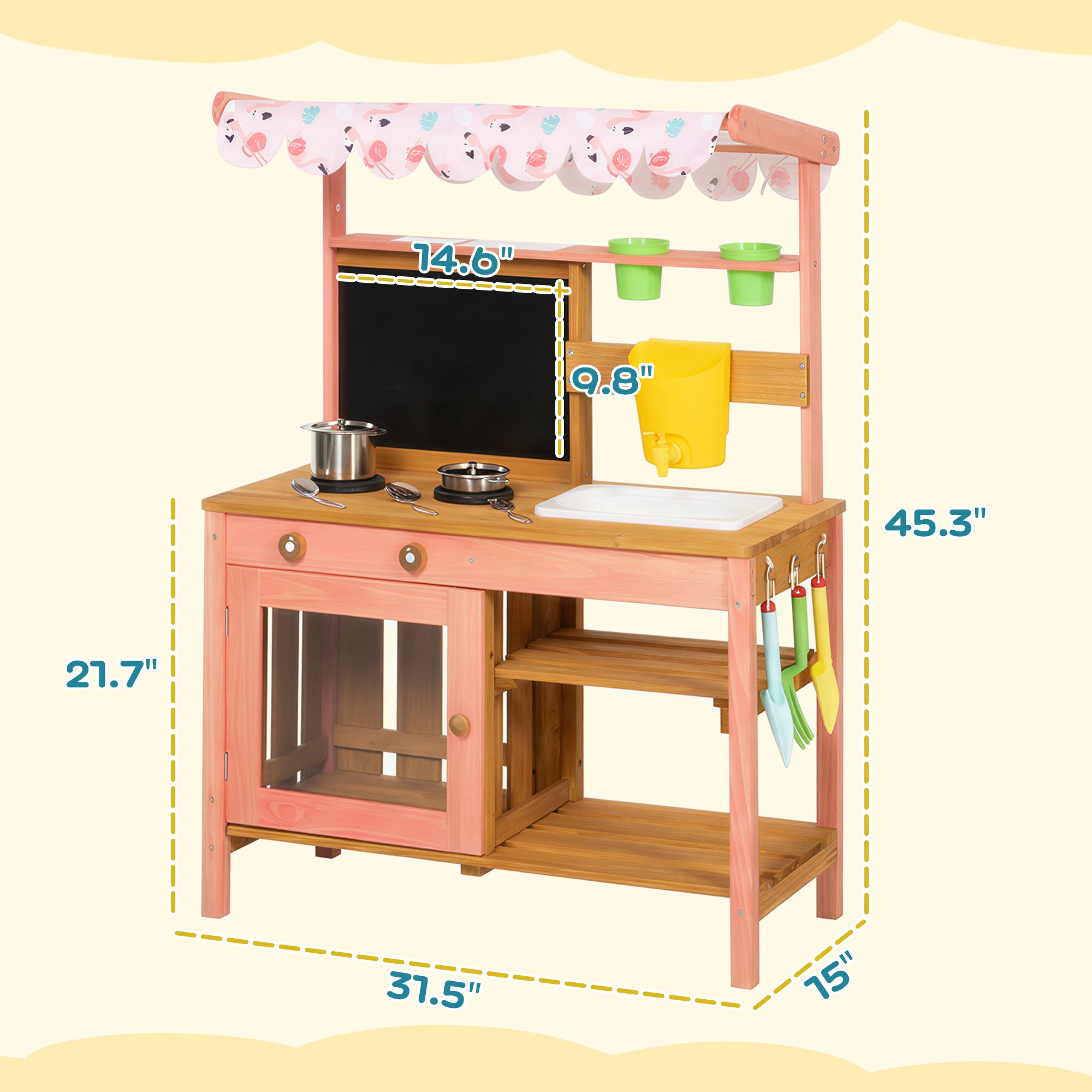 Kids Mud Kitchen with Canopy, Outdoor Wooden Play Kitchen with Planter Box, Accessories for Age 3-6, Pink