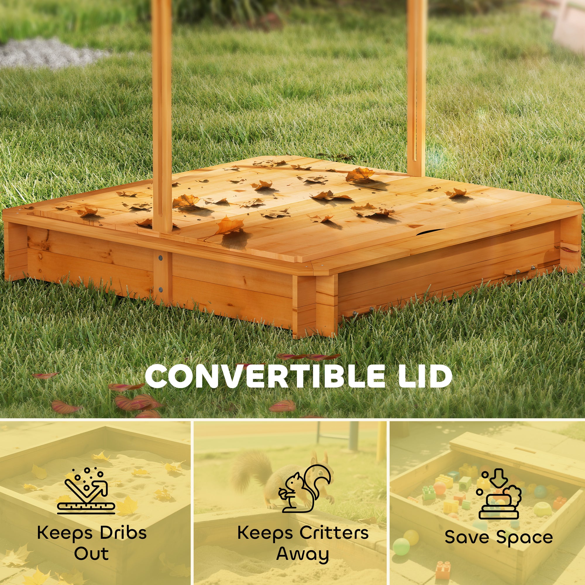 Wooden Kids Sandbox with Cover, Children Outdoor Sand Box with Foldable Bench Seats and Adjustable Canopy, Brown