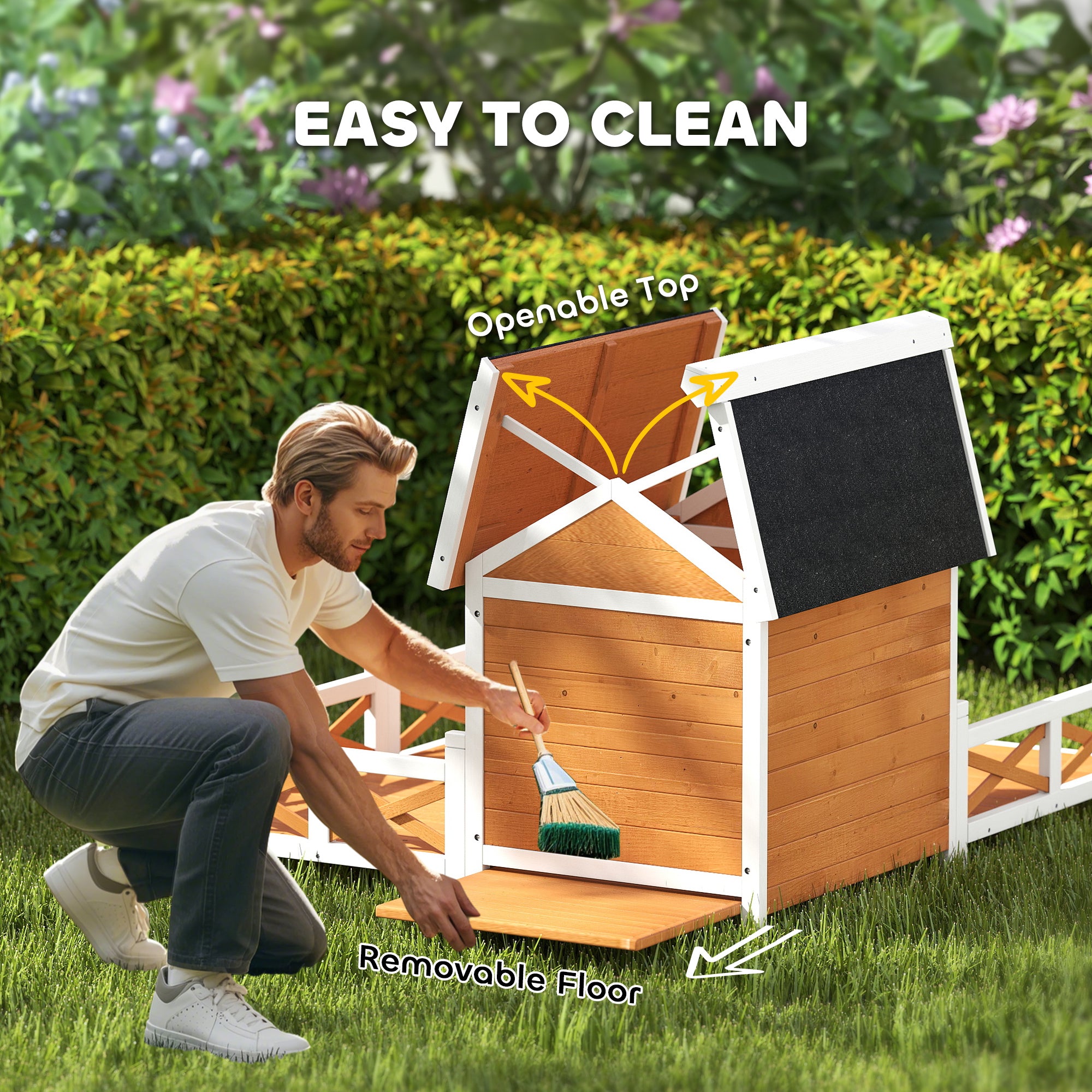 Outdoor Wooden Dog House, Dog Shelter with Large Porch, Weatherproof & Openable Roof, Elevated Base, Removable Floor - Orange - Image 6