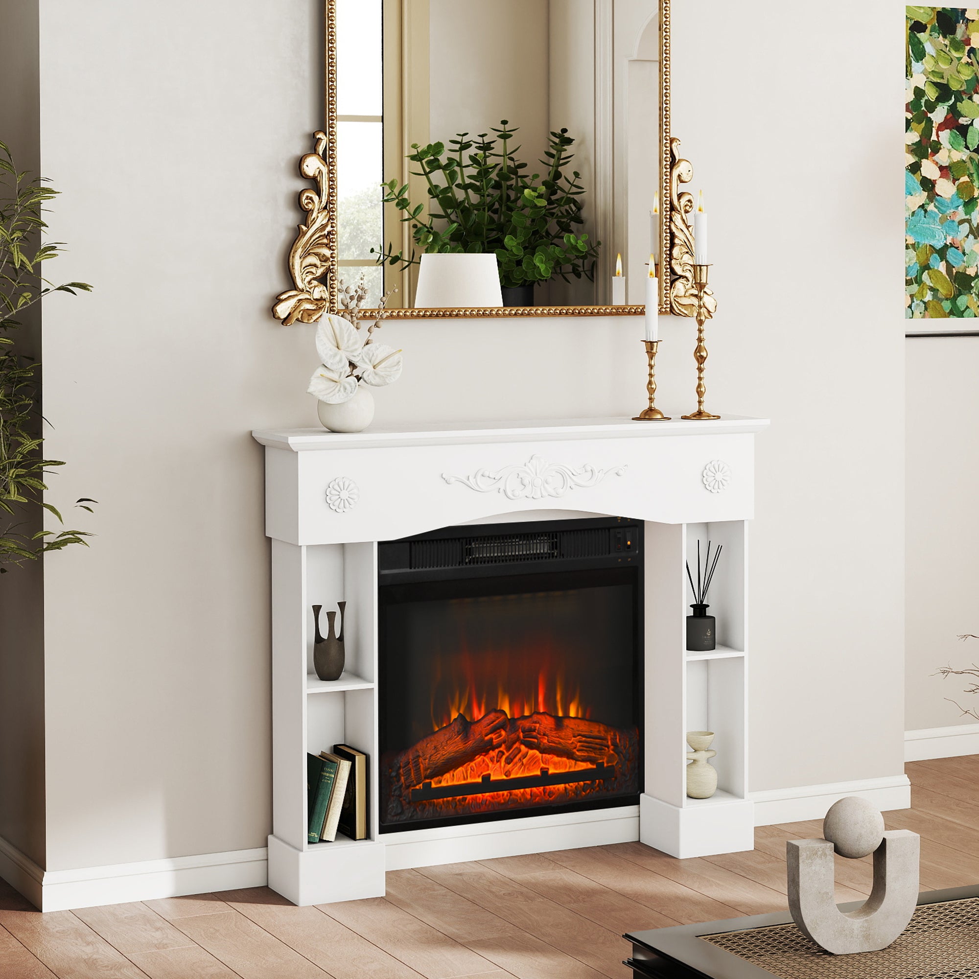 Baroque Fireplace Mantel, Freestanding Fireplace Surround with Leg for Electric Fireplaces, 45.3" W x 39.4" H, White