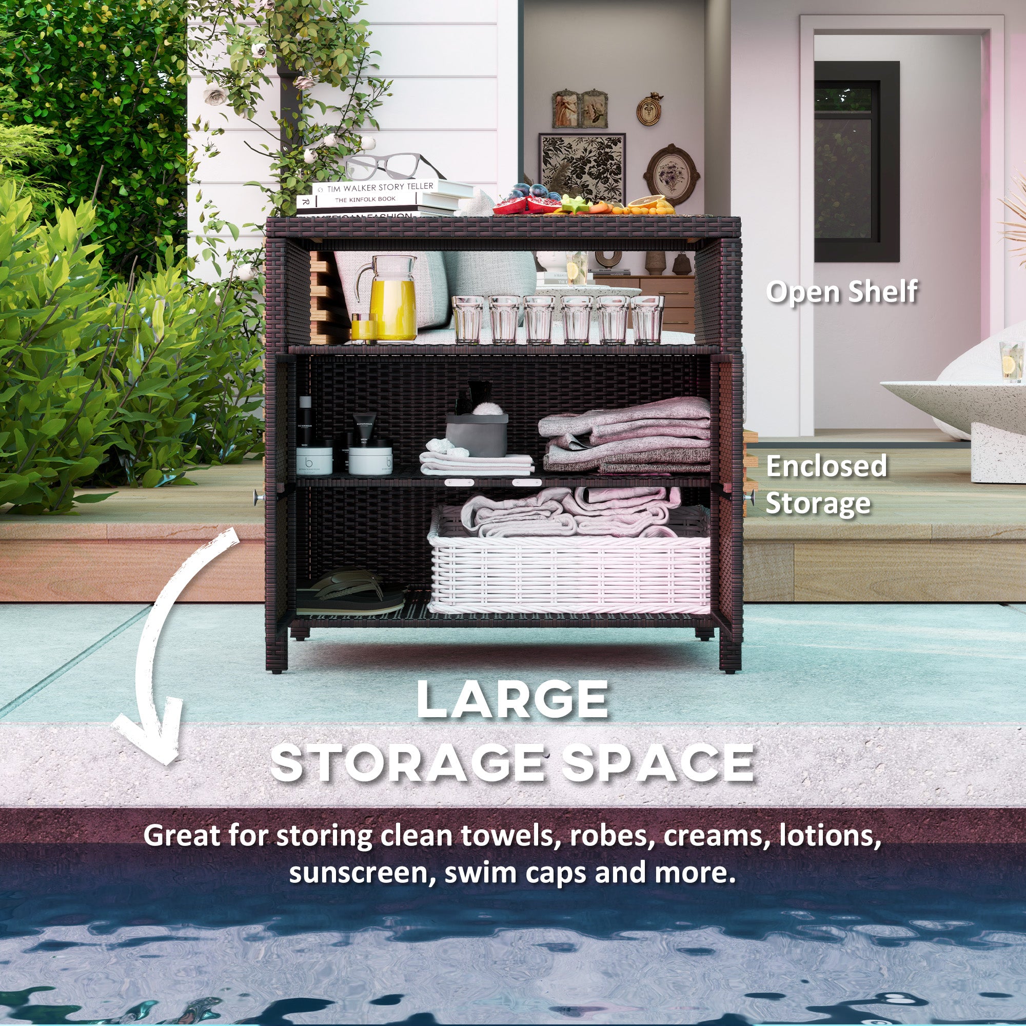 Outdoor Storage Cabinet with Acacia Wood Top, Two Doors, Shelf, Wicker Bar Table for Pool Towel Storage, Brown - Brown - Image 4