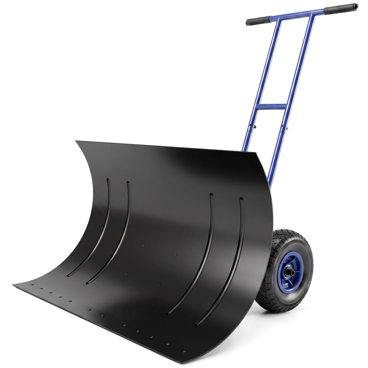 Snow Shovel with Wheels, 29" Metal Snow Pusher with Adjustable Handle, 7-Angle Blade, Wear Strip for Driveway, Blue