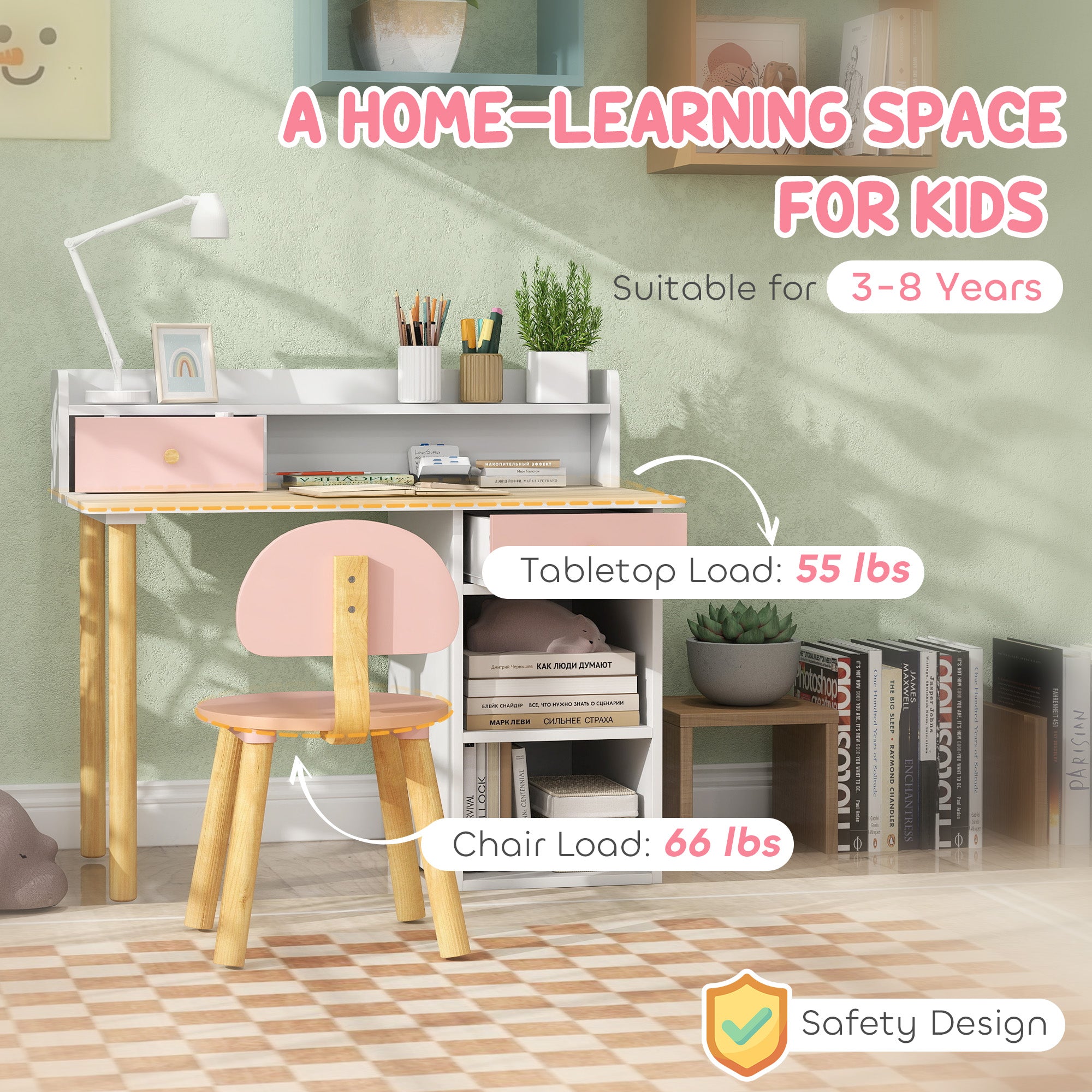 Kids Study Desk with Storage, Kids Desk and Chair Set for Bedroom & Study Room, Girls Boys Aged 3-8 Years, Pink