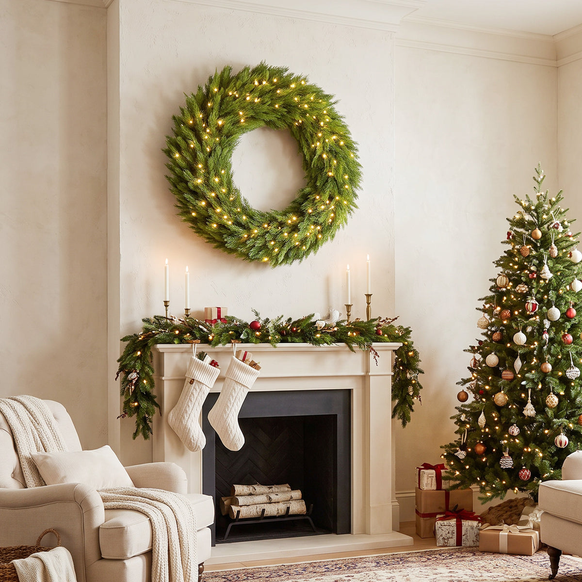 Christmas Decoration, 36 in Pre-Lit Norwegian Spruce Artificial Christmas Wreath with 100 LED Lights, Green