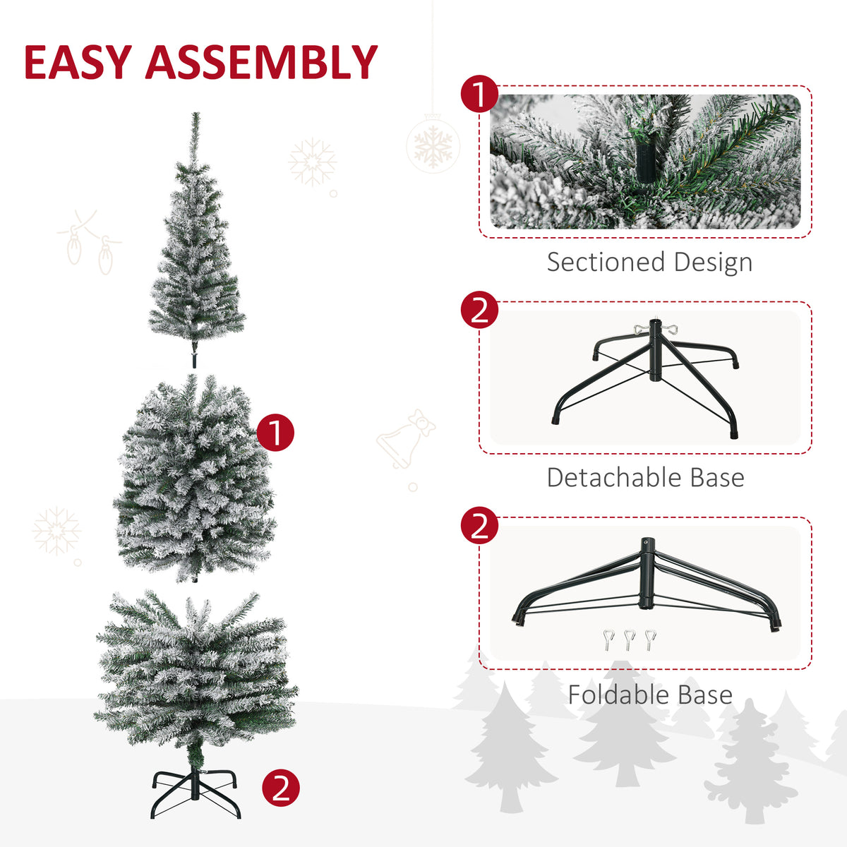 6ft Flocked Christmas Tree, Pencil Artificial Xmas Tree with Faux Snow, Dense Branches, Foldable Metal Base for Indoor Holiday Decor
