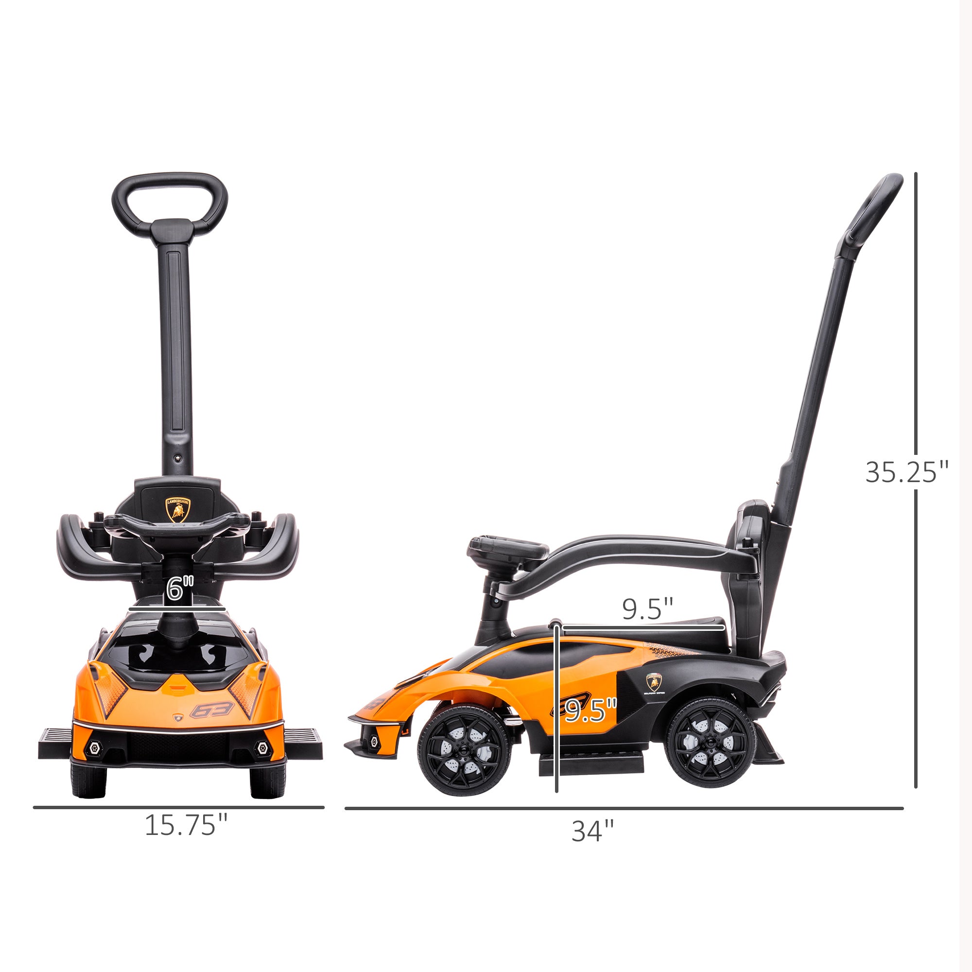 2-in-1 Ride On Push Car for Toddlers 1-3, Licensed Lamborghini Stroller Sliding Car, Push-Along with Under Seat Storage Horn Engine Sound and Steering Wheel, Manual, Orange