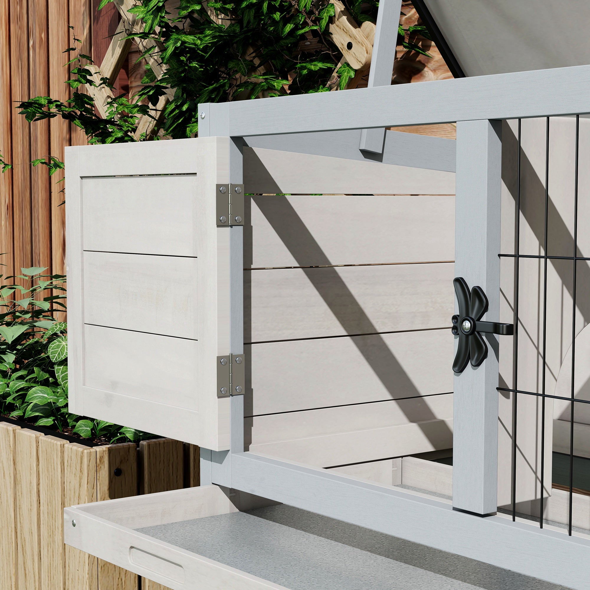 Elevated Rabbit Hutch, Wooden Bunny Cage with Hinged Asphalt Roof and Removable Tray, for Indoor/Outdoor, Gray - Gray - Image 8