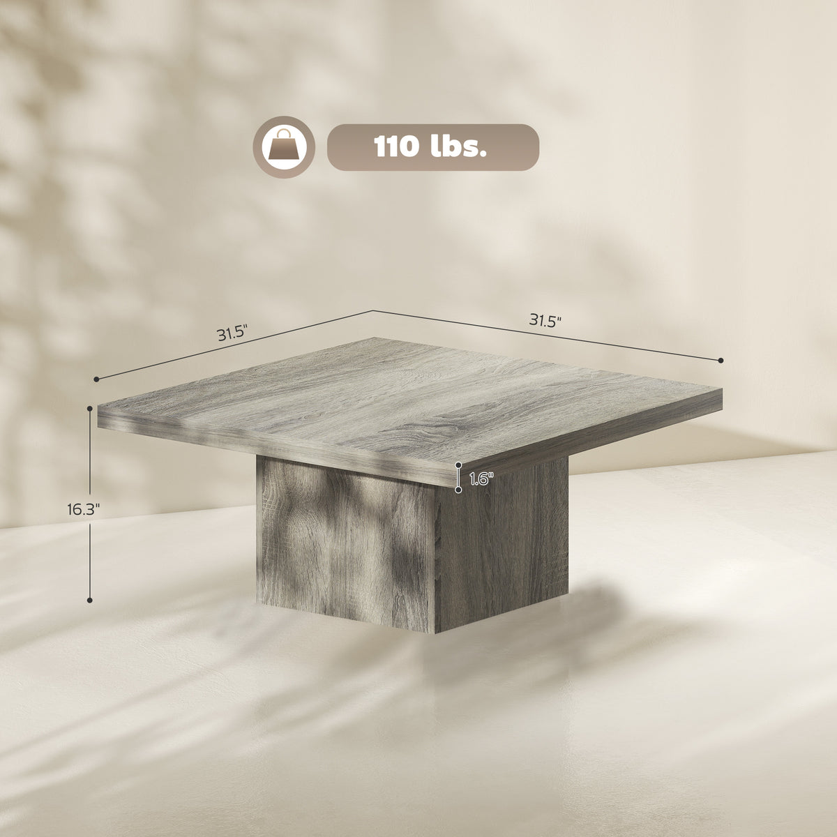 Square Coffee Table, Center Table with 1.6" Thick Tabletop, Gray Wood Grain