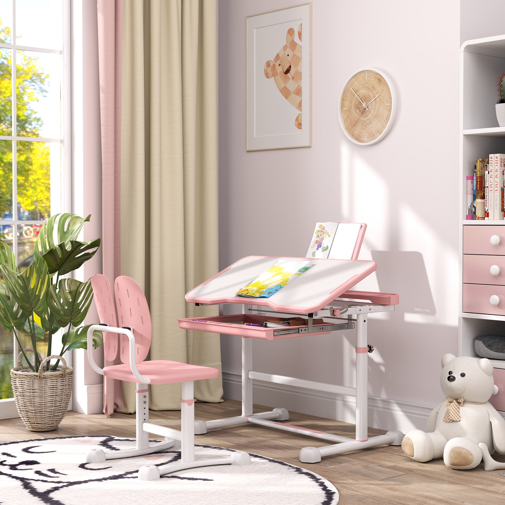 Adjustable Kids Desk and Chair Set with Tilt Desktop & Storage, Pink