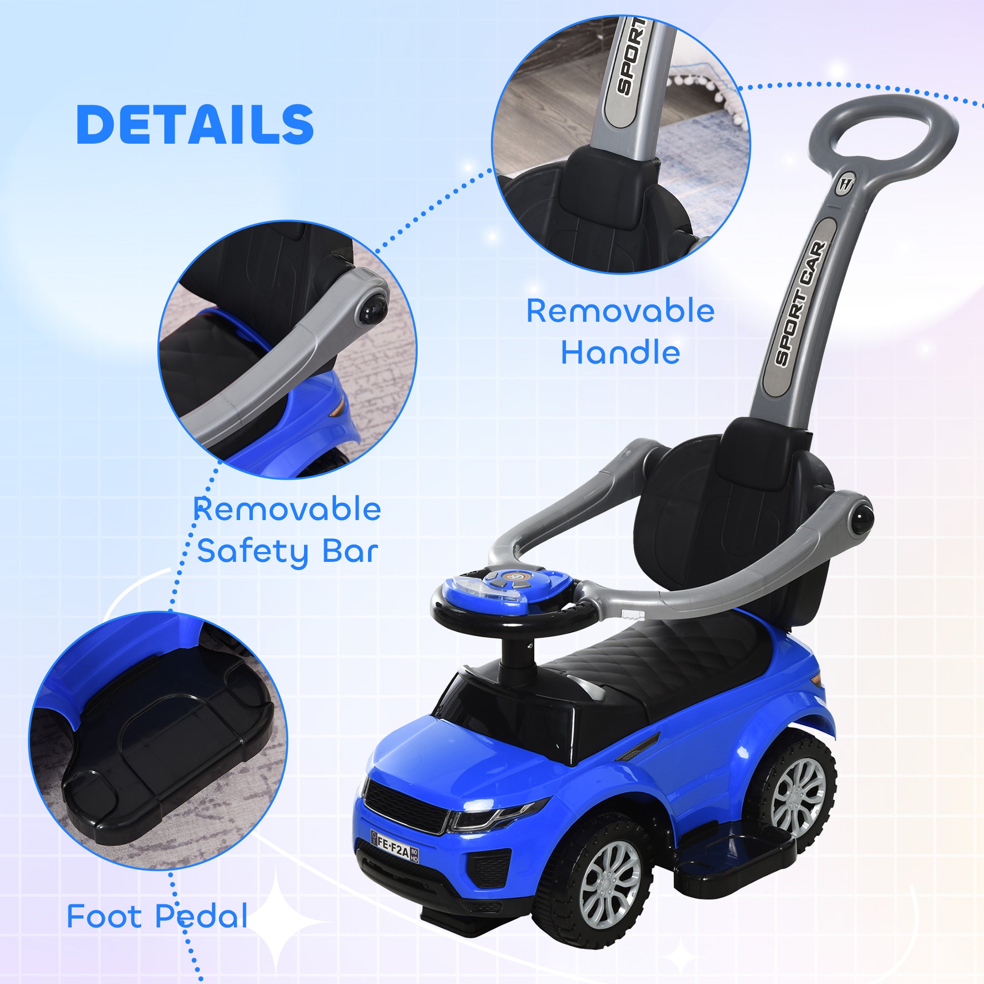 3 In 1 Push Cars for Toddlers Kid Ride on Push Car Stroller Sliding Car with Horn Music Light Function Secure Bar Ride on Toy for Boy Girl 18-36 Months, Blue