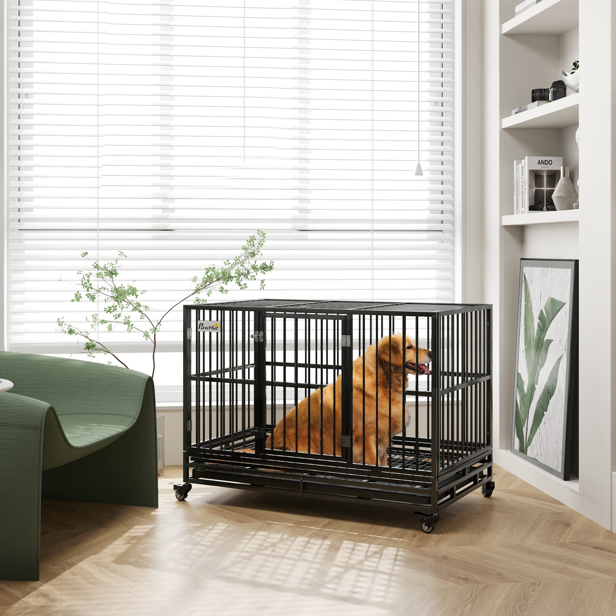 48" Heavy Duty Dog Crate Metal Cage Kennel with Lockable Wheels, Double Door and Removable Tray, gray - Gray - Image 2