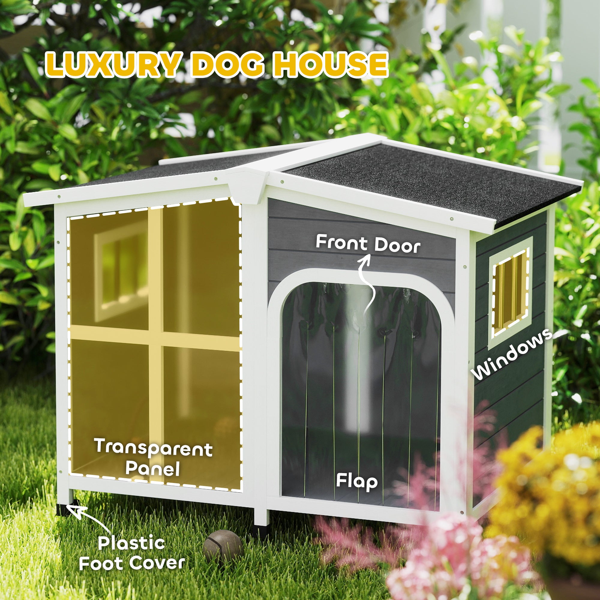 Cabin-Style Wooden Dog House for Large Dogs with Openable Roof & Giant Window, Dark Gray - Dark Gray - Image 8