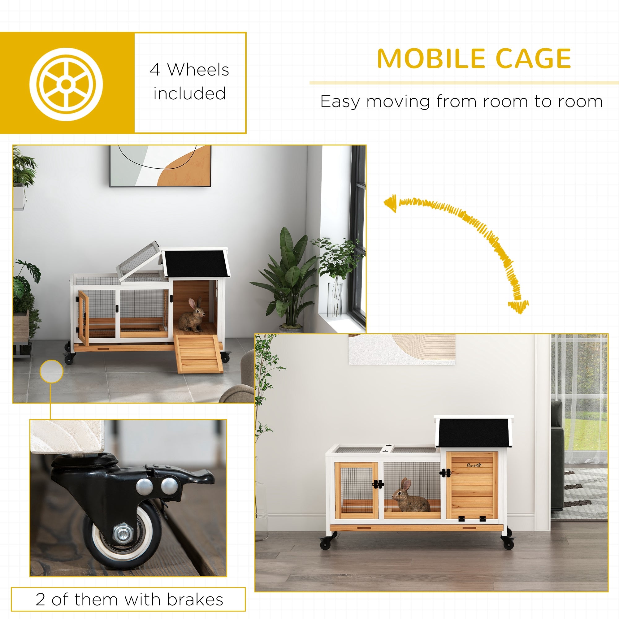 Wooden Rabbit Hutch with Wheels, Run, Slide-out Tray for Small Animals, Guinea Pig, Yellow - Yellow - Image 7