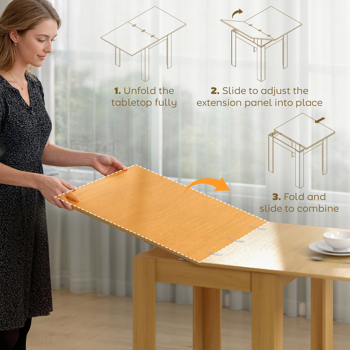 Extendable Table Table for 4-6, Square Folding Dining for Small Spaces, 28"-55" W, Natural