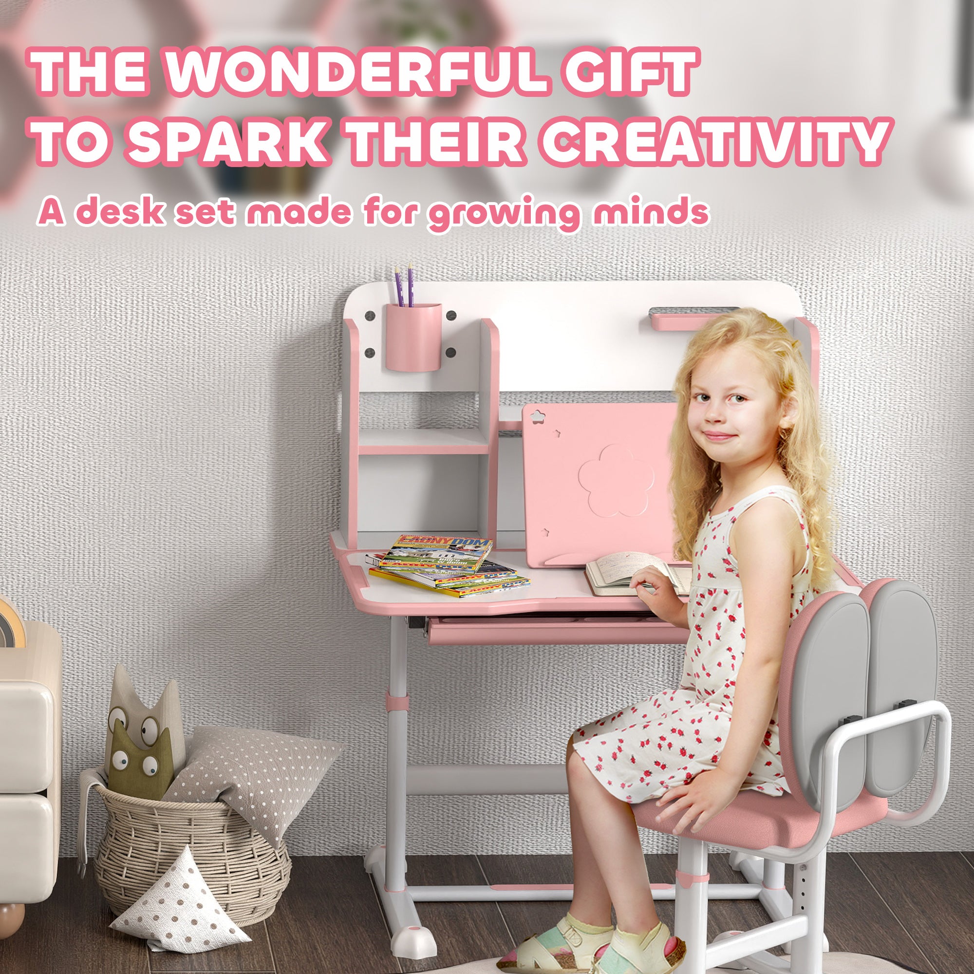 Height Adjustable Kids Desk and Chair Set for Writing Drawing w/ Tilt Desktop, Storage Drawer and Reading Rack, Pink