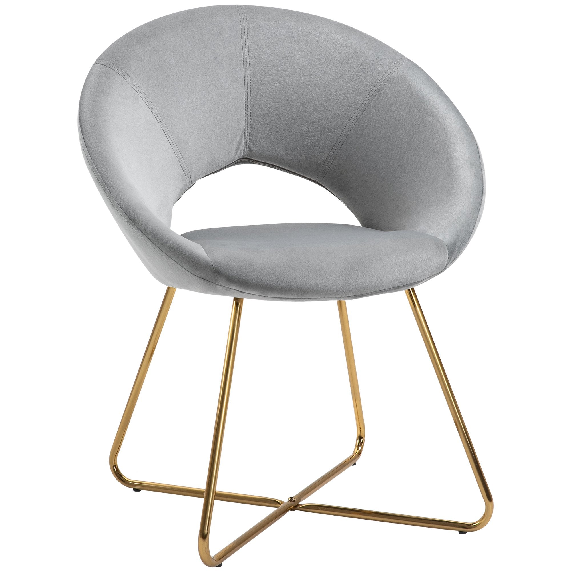 Modern Accent Velvet Chair Open Curved Mid-Back Upholstered Vanity Chair with Gold Plating Metal Legs Gray