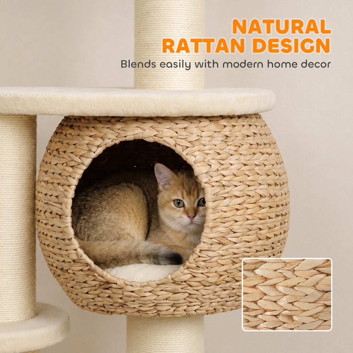52" Cat Tree, Cat Tower with Handwoven Cattail Condo, Bed, Platforms, 3 Scratching Posts and 3 Toy Balls