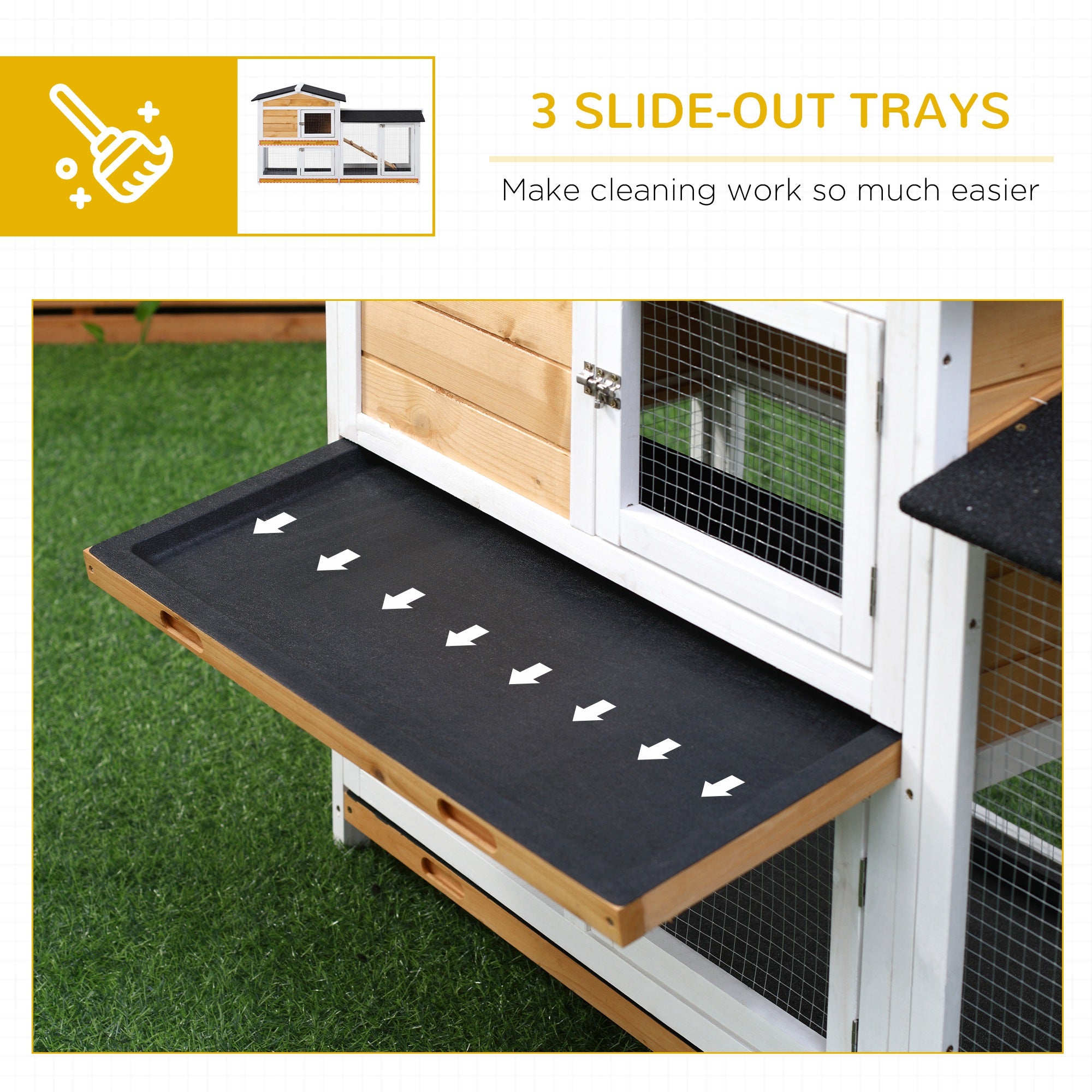 62" Rabbit Hutch, Wooden Bunny Hutch, Guinea Pig Cage, Small Animal Enclosure with Run Area, Removable Tray, Asphalt Roof, Lockable Doors and Ramp, for Rabbits, Chickens, Ducks, Nature Wood - Natural Wood - Image 6
