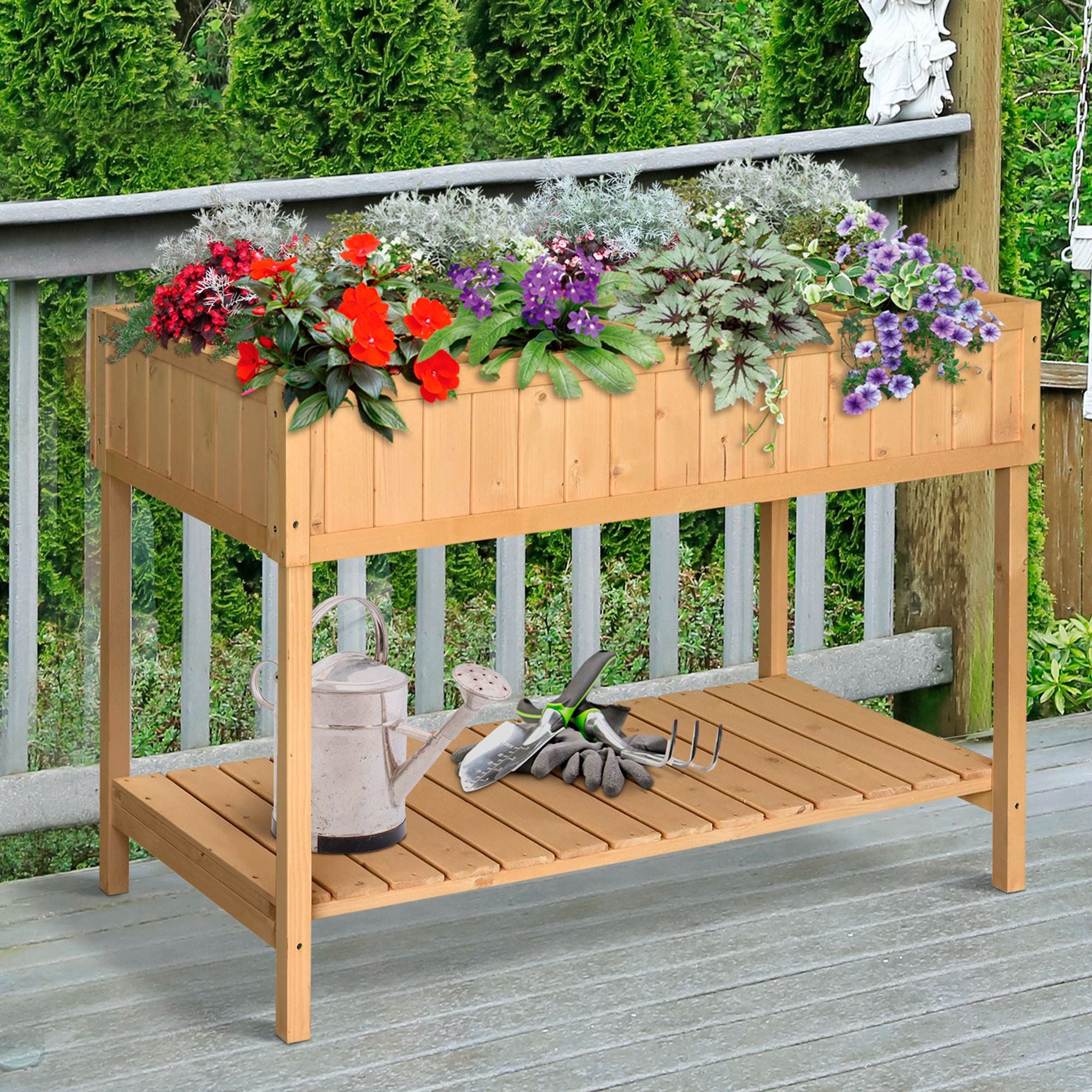 43x18x30in Raised Garden Bed with 8 Pockets and Shelf, Wooden Elevated Planter Box with Legs to Grow Herbs, Vegetables, and Flowers, Natural - Natural Wood - Image 2
