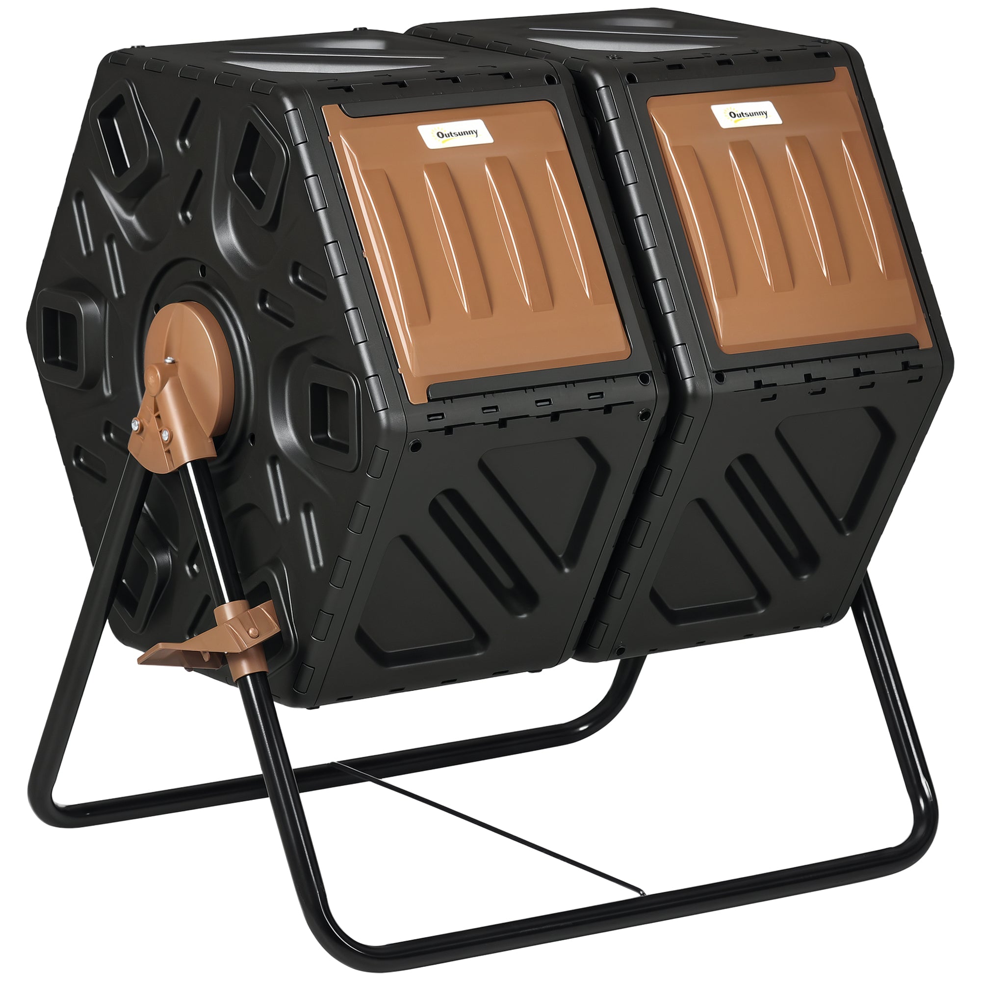 Dual Chamber Compost Tumbler Bin, Outdoor Tumbling Composter with 24 Ventilation Openings and Steel Legs, 34.5 Gallon - Brown, Black