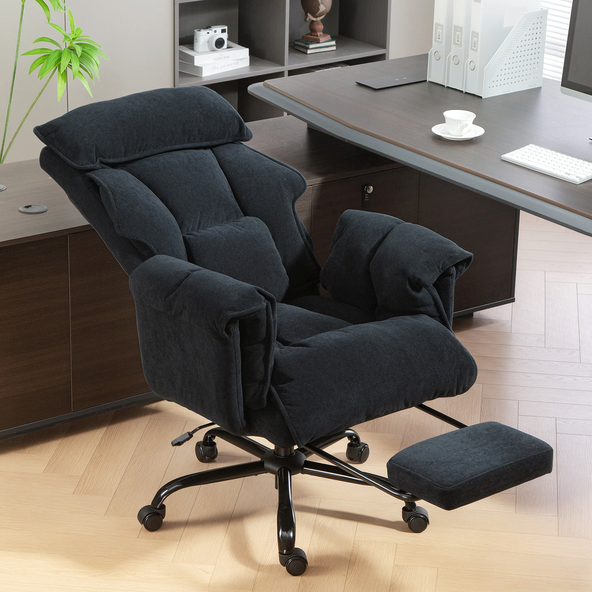Executive Office Chair, Reclining Computer Chair with Footrest, High Back, Headrest, Adjustable Height, Black