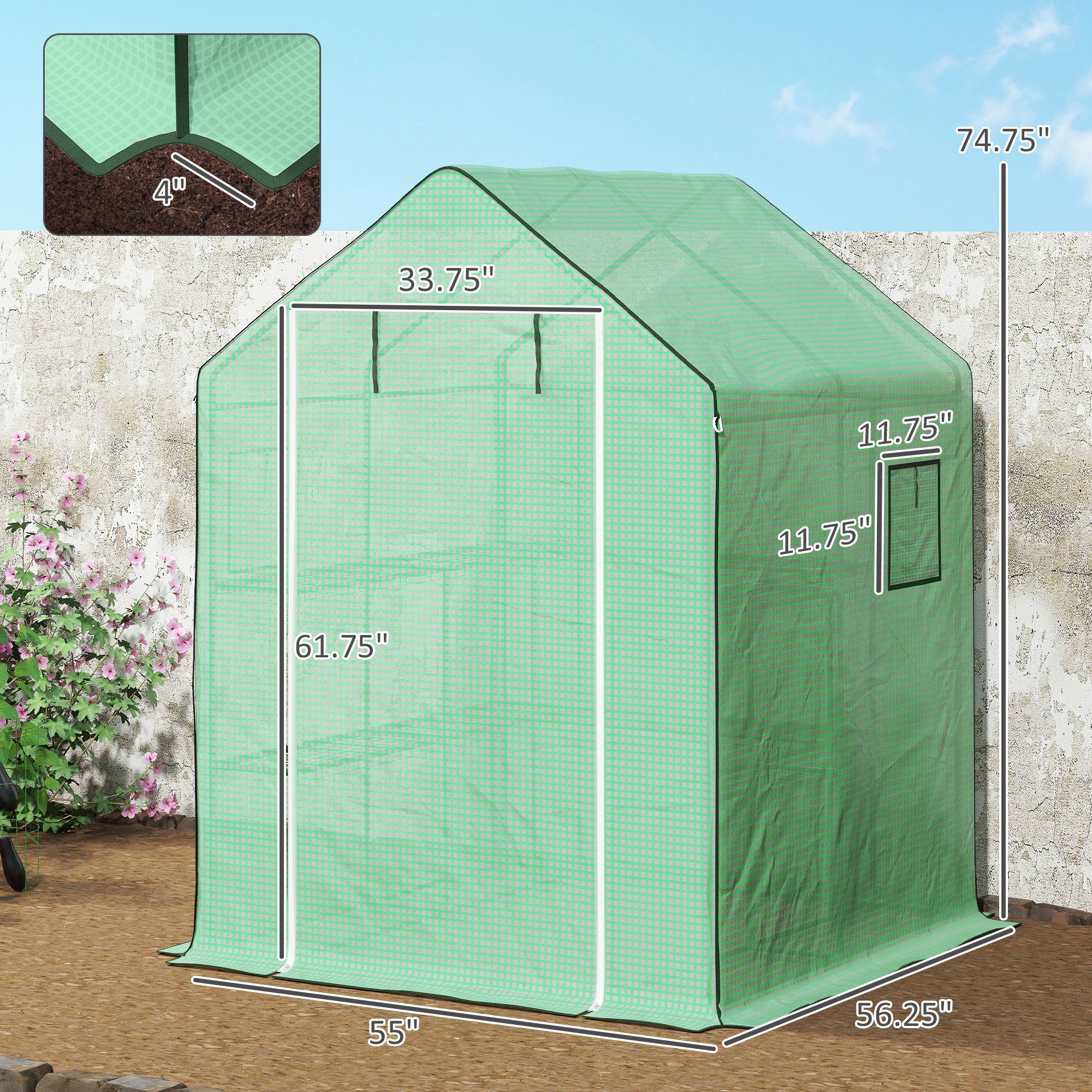 4.6' x 4.7' Portable Greenhouse, Water/UV Resistant Walk-In Small Outdoor Green House with 2 Tier U-Shaped Flower Rack Shelves, Roll Up Door & Windows, Green - Green - Image 3