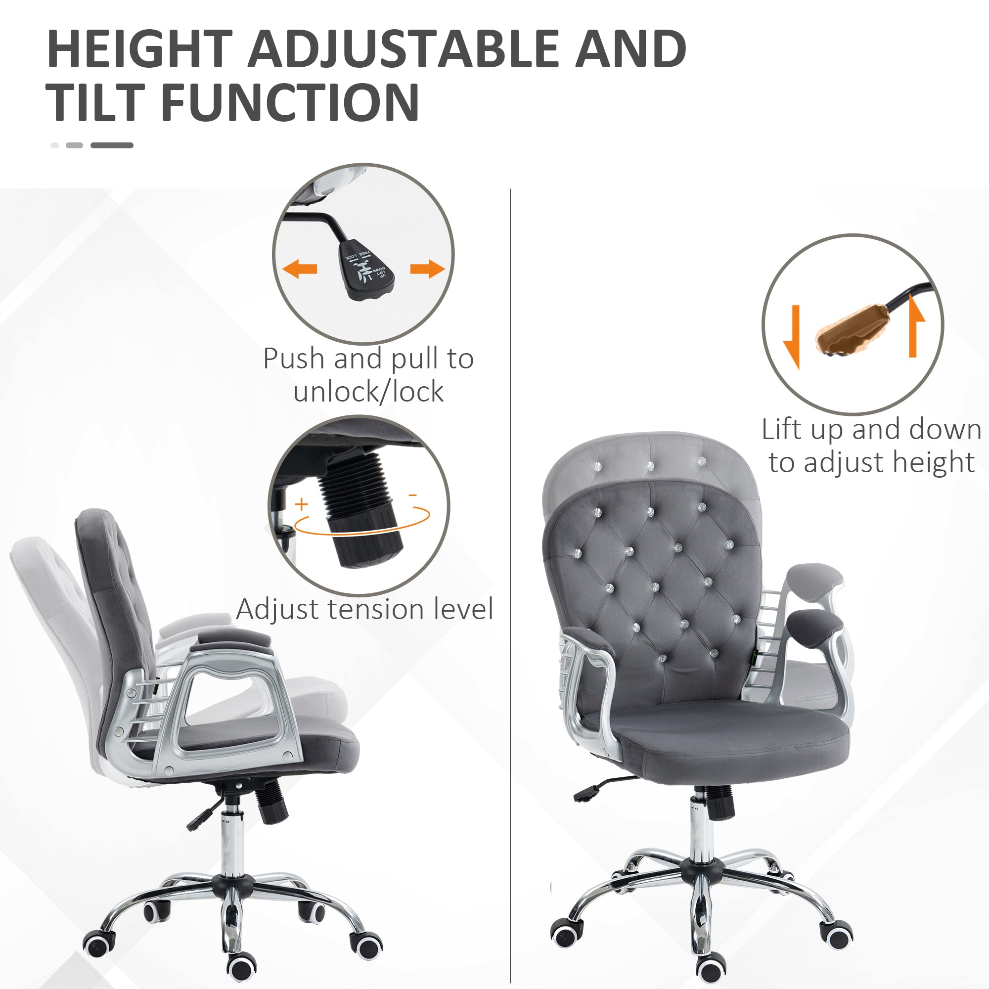 Button Tufted Desk Chair, Home Office Chair with Padded Armrests, Adjustable Height and Swivel Wheels, Dark Gray