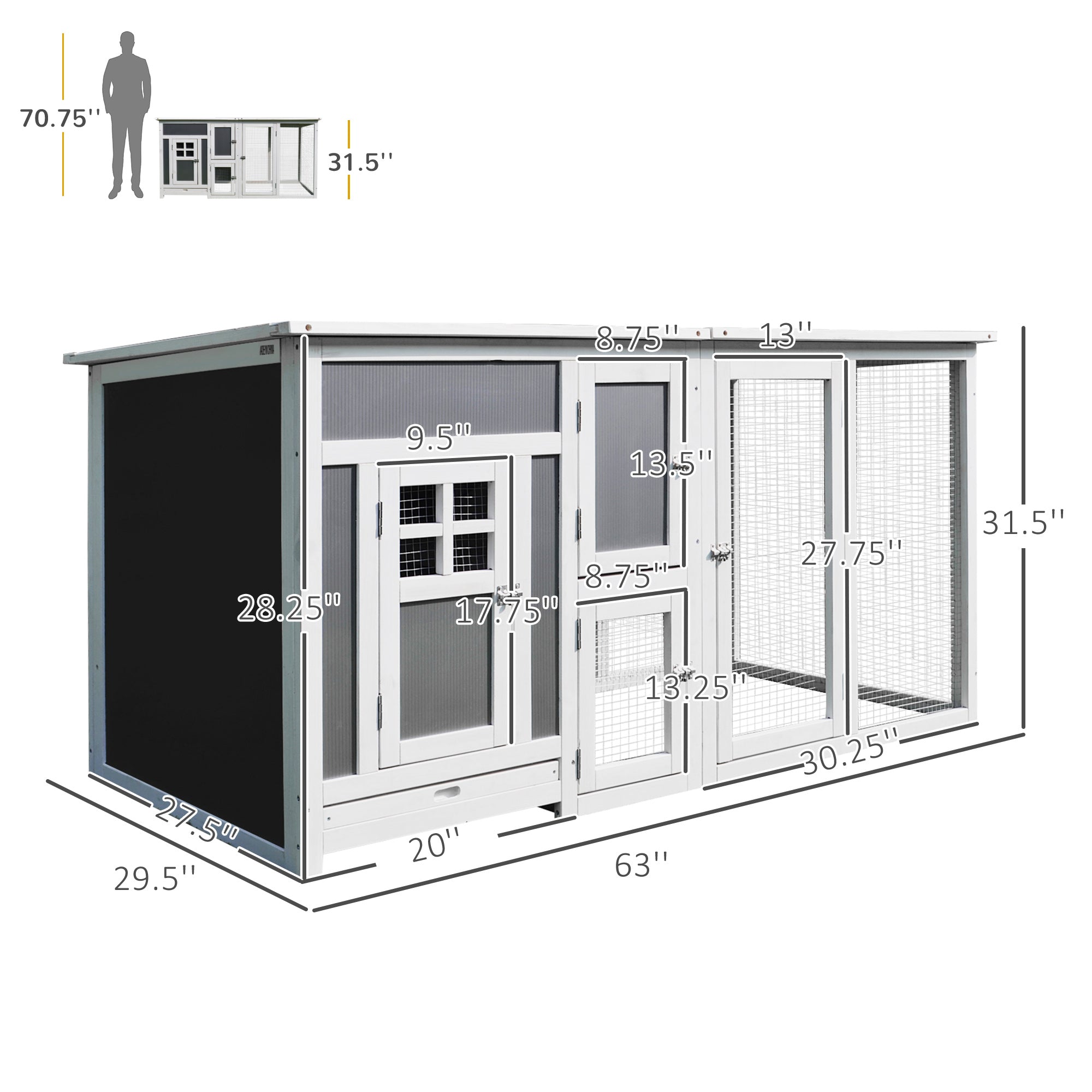 63" Chicken Coop Wooden Chicken House Rabbit Hutch Poultry Cage Hen Pen Backyard PC Roof with Run Box - Grey and White - Image 3