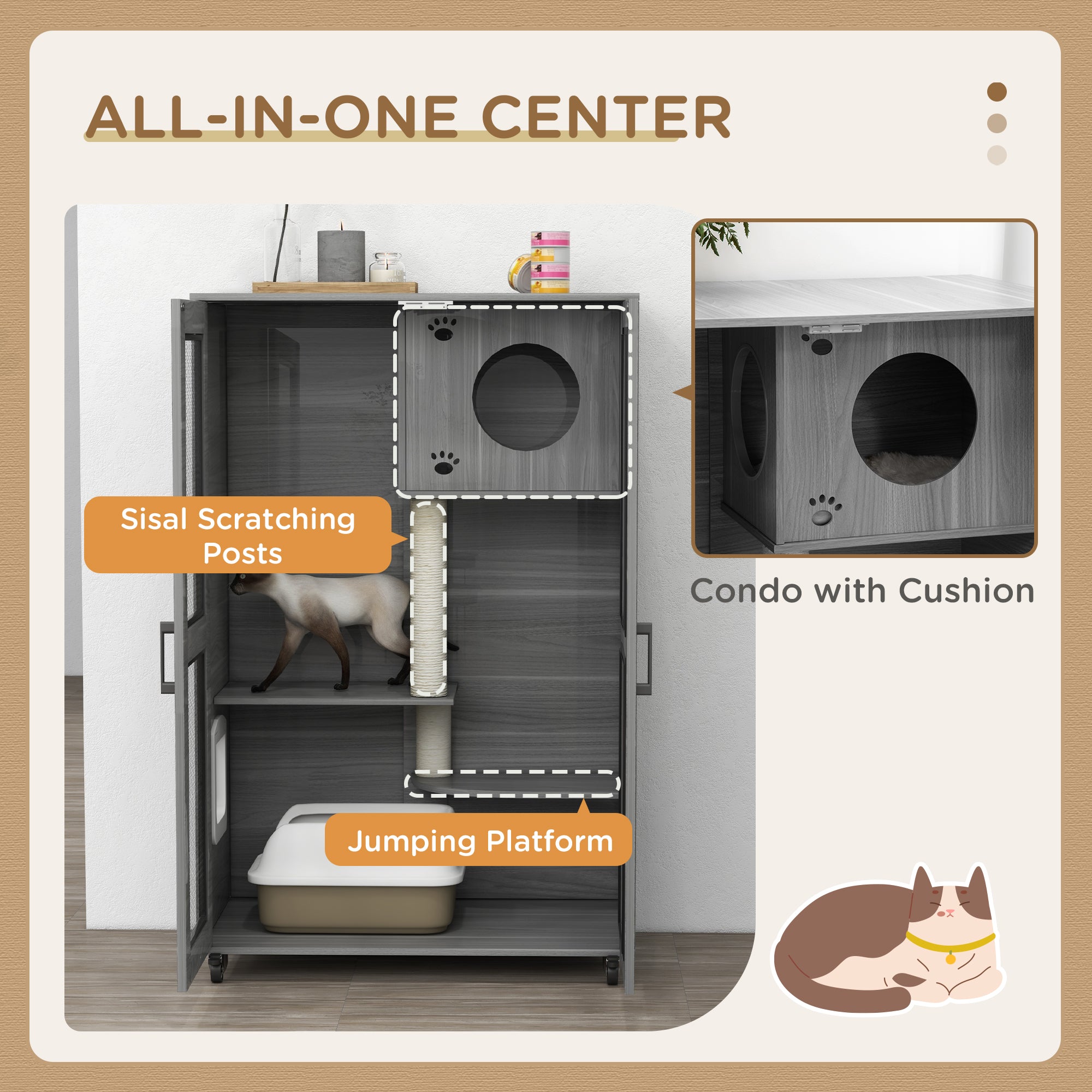Cat Tree House with Scratching Post and Wheels, Gray - Gray - Image 5