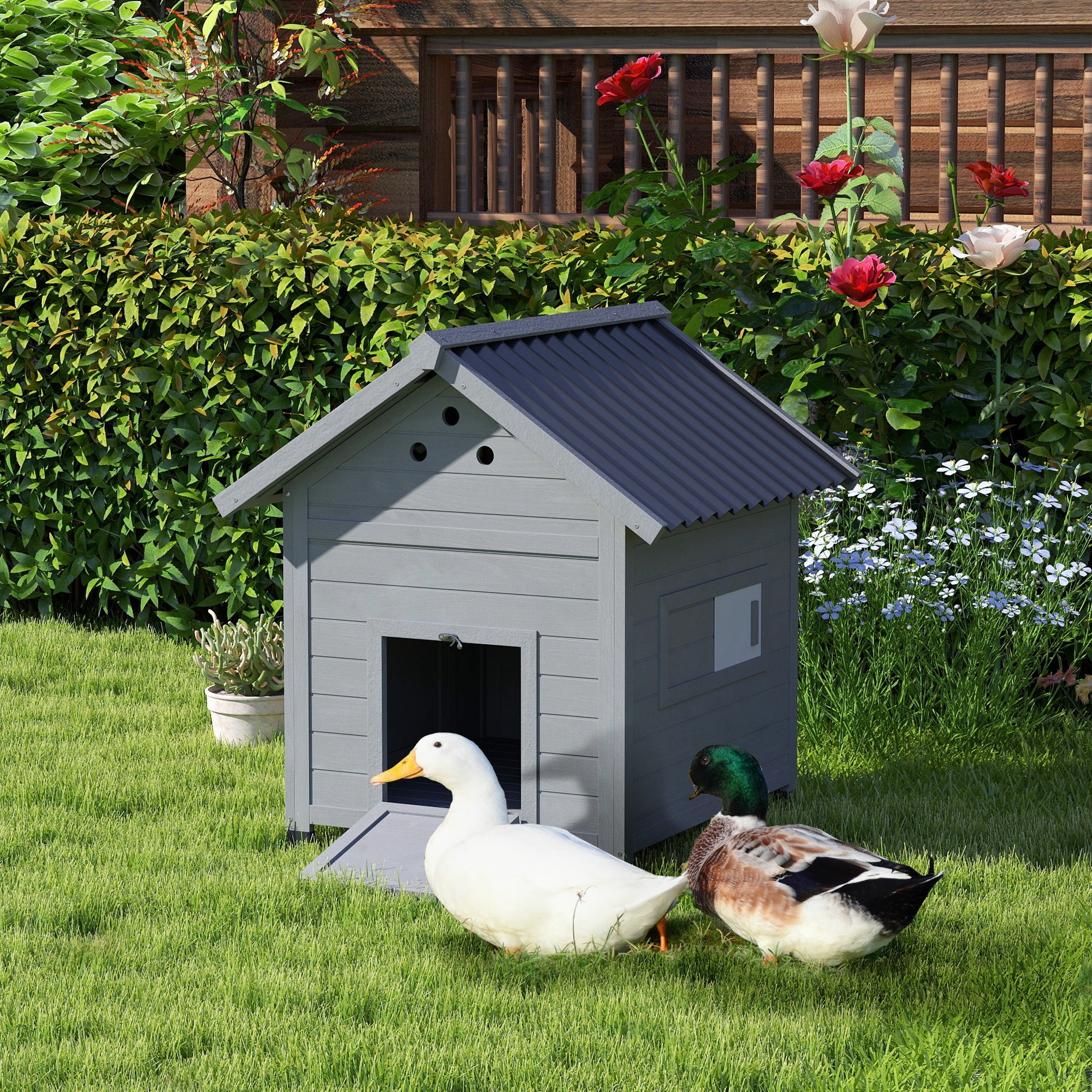 Duck Coop, Wooden Duck House with Openable Roof & Double Doors, Light Gray - Light Gray - Image 2