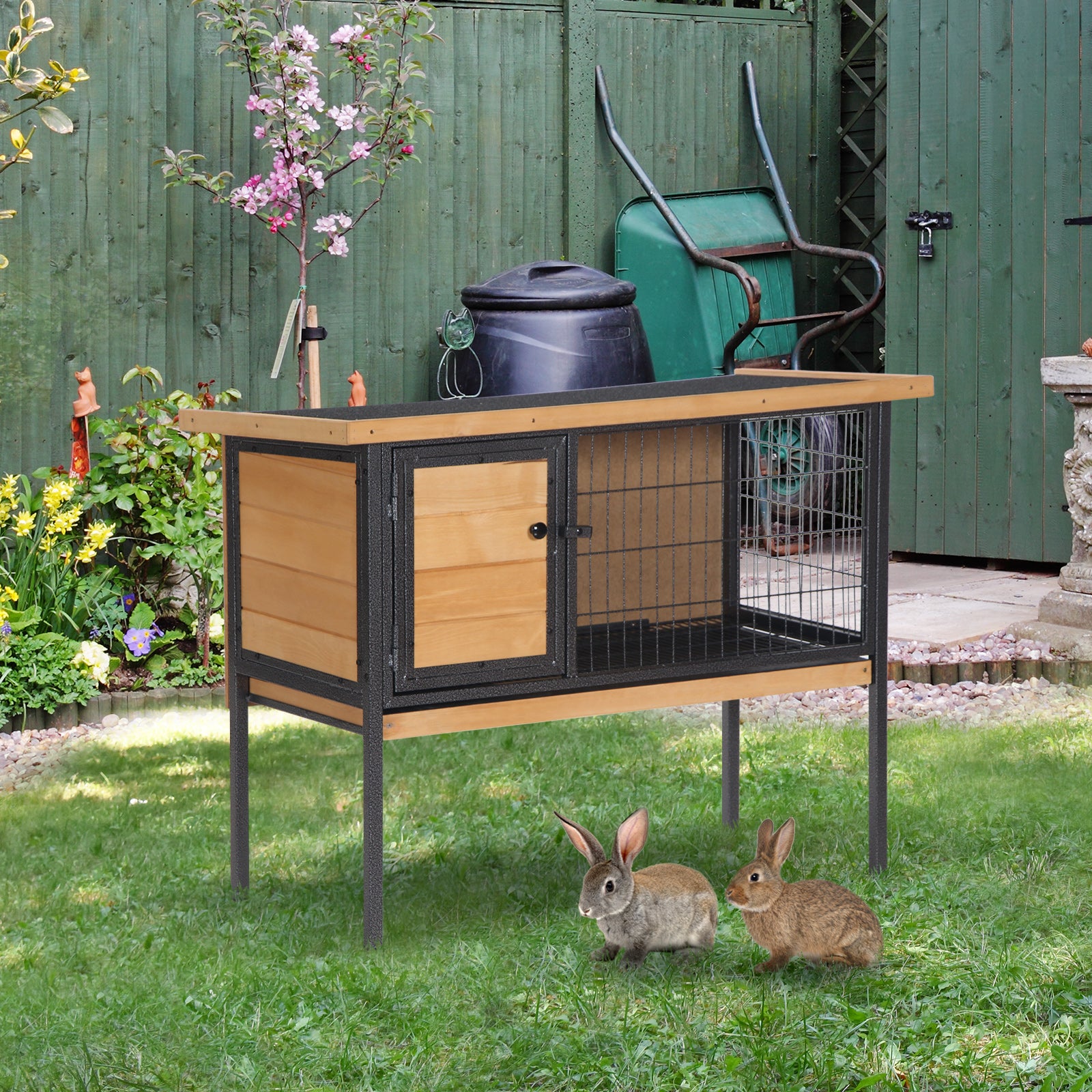 Rabbit Hutch Elevated Bunny Cage Small Animal Habitat with Metal Frame, No Leak Tray, Metal Wire Pan, Openable Water-Resistant Asphalt Roof for Rabbits, Chickens, Ducks, Indoor/Outdoor Natural - Natural Wood, Black - Image 2