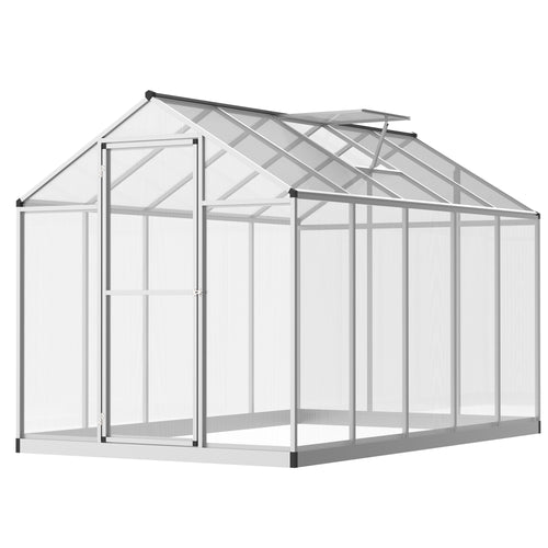 10' L x 6' W Walk-In Polycarbonate Greenhouse with Roof Vent for Ventilation & Rain Gutter for Winter - Silver