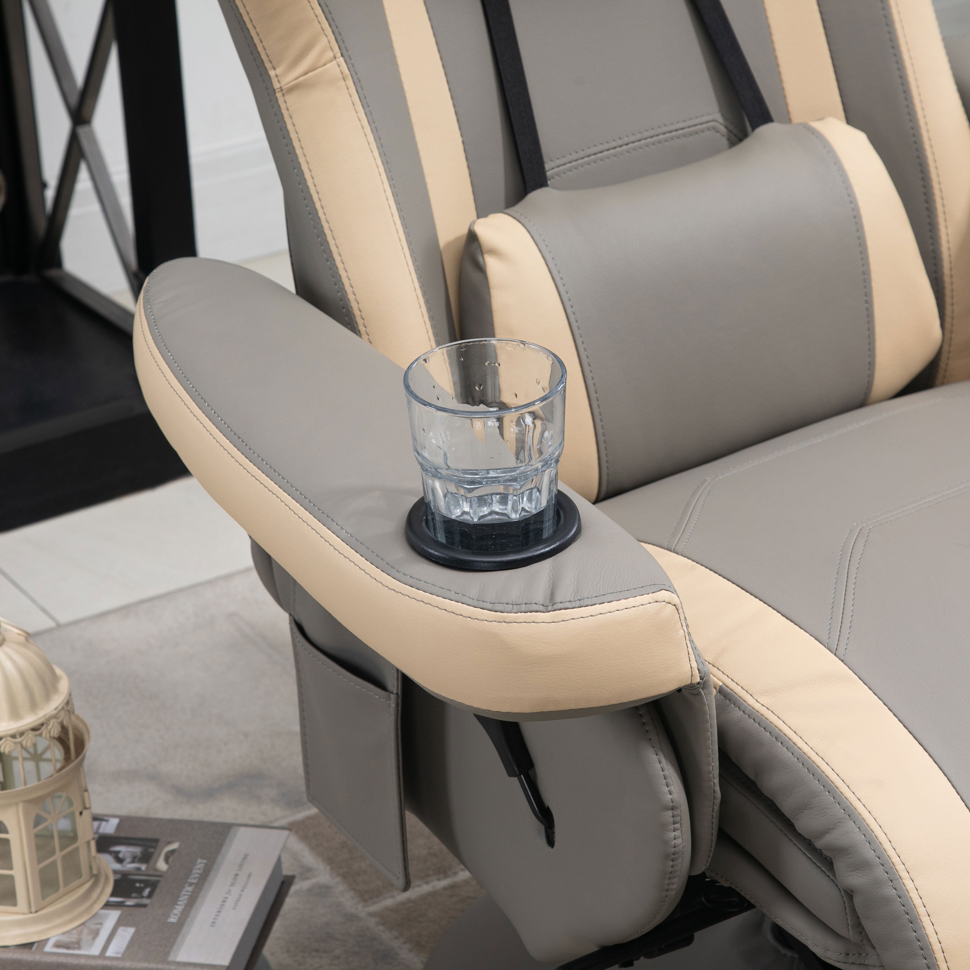 Manual Recliner Armchair PU Leather Lounge Chair w/ Adjustable Leg Rest, 135° Reclining Function, 360° Swivel, Cup Holder and, Storage Pocket