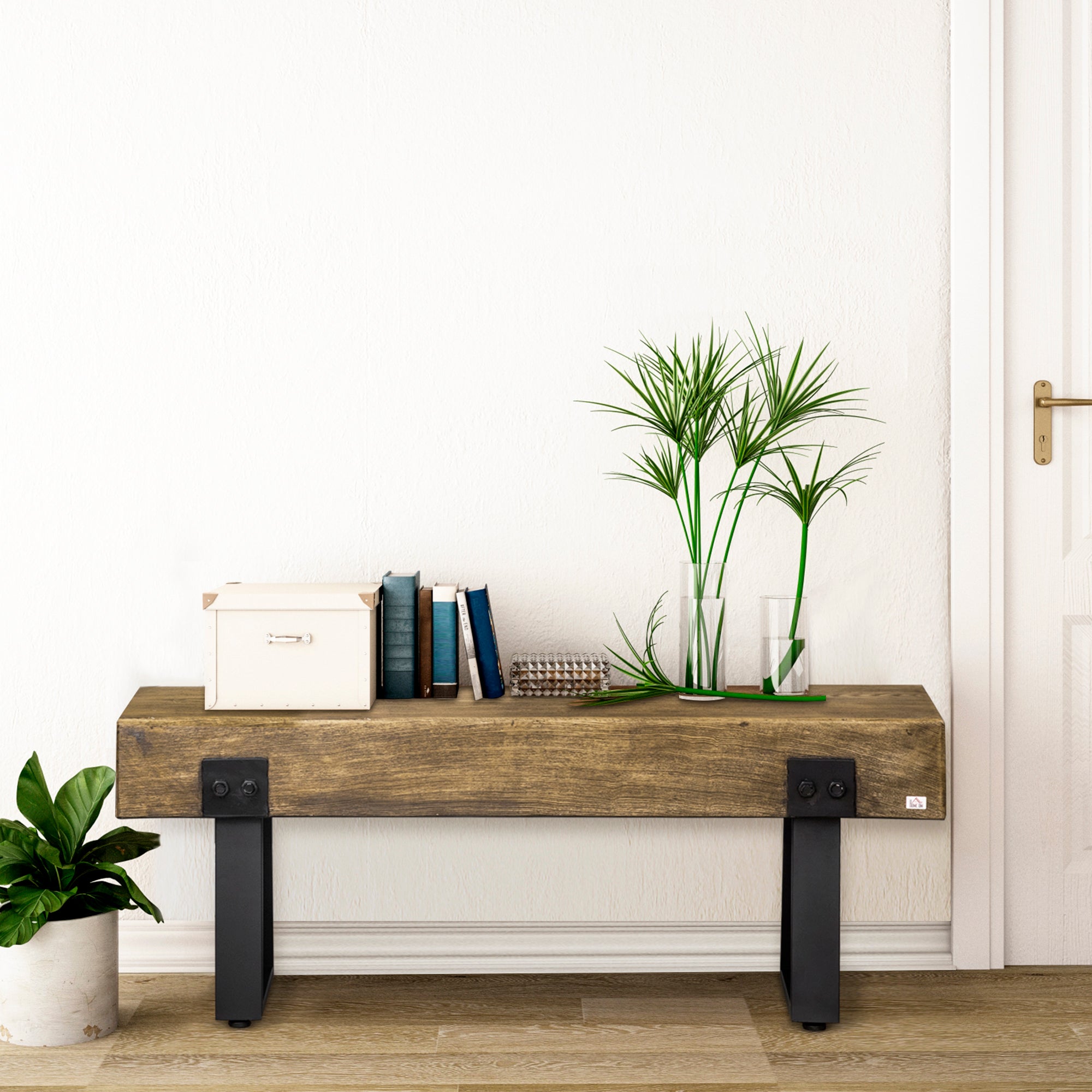 Garden Bench with Metal Legs, Rustic Wood Effect Concrete Entryway Bench, End of Bed Bench, Indoor Outdoor Use for Patio, Park, Porch and Lawn, Natural and Black